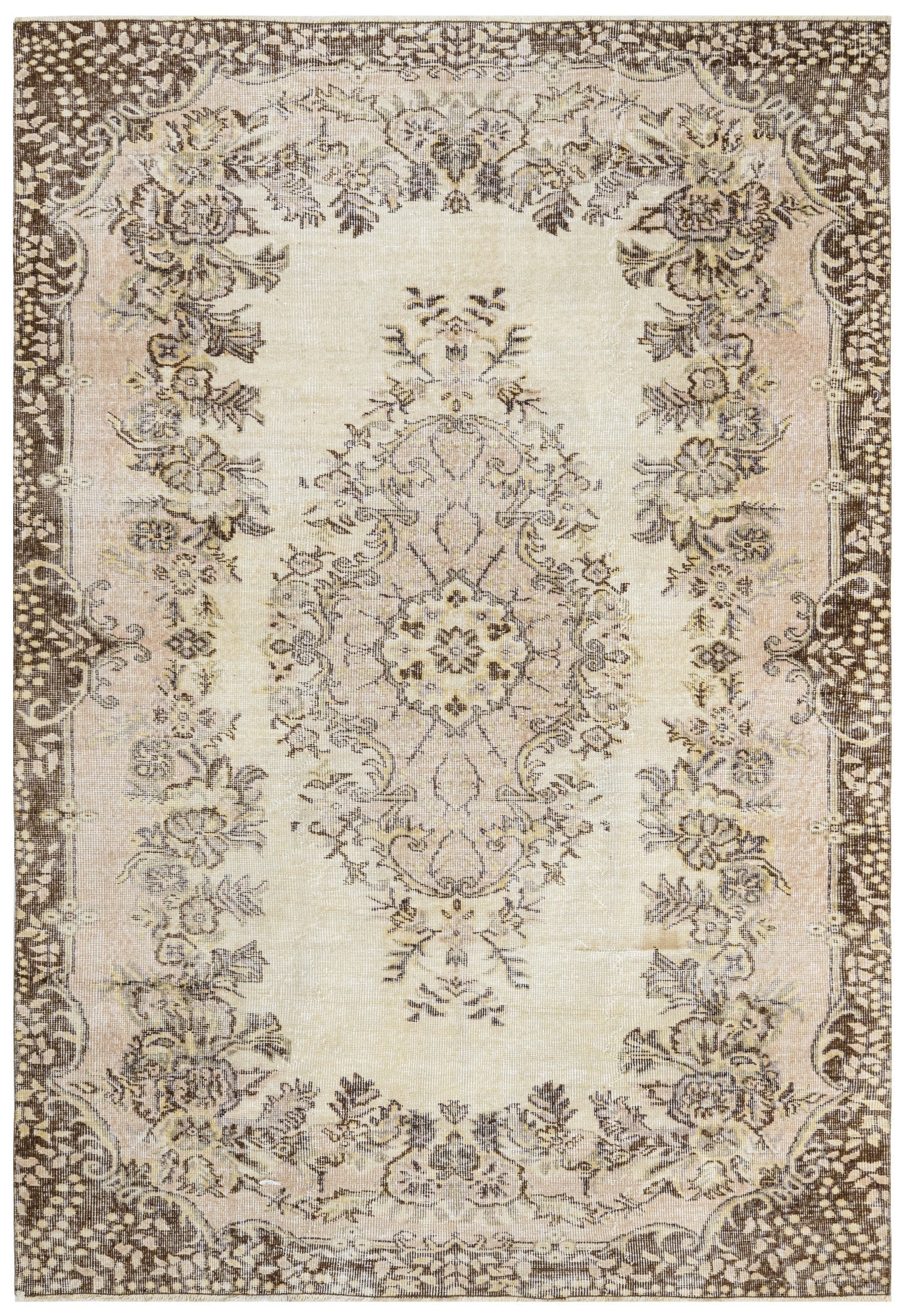 Handmade Wool Rug – Vintage Brown Medallion 6x9 Cotton Carpet for Living Room