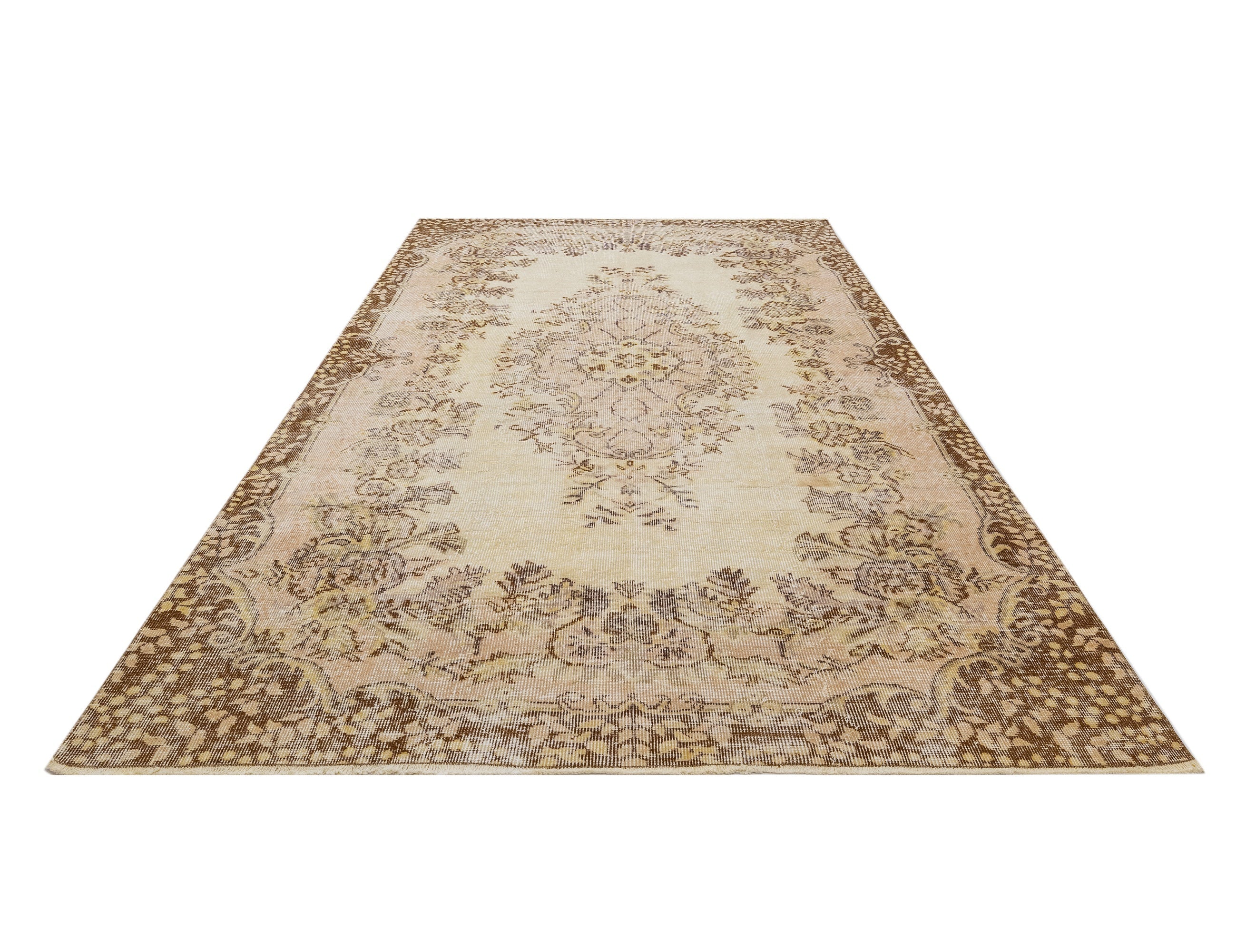 Handmade Wool Rug – Vintage Brown Medallion 6x9 Cotton Carpet for Living Room