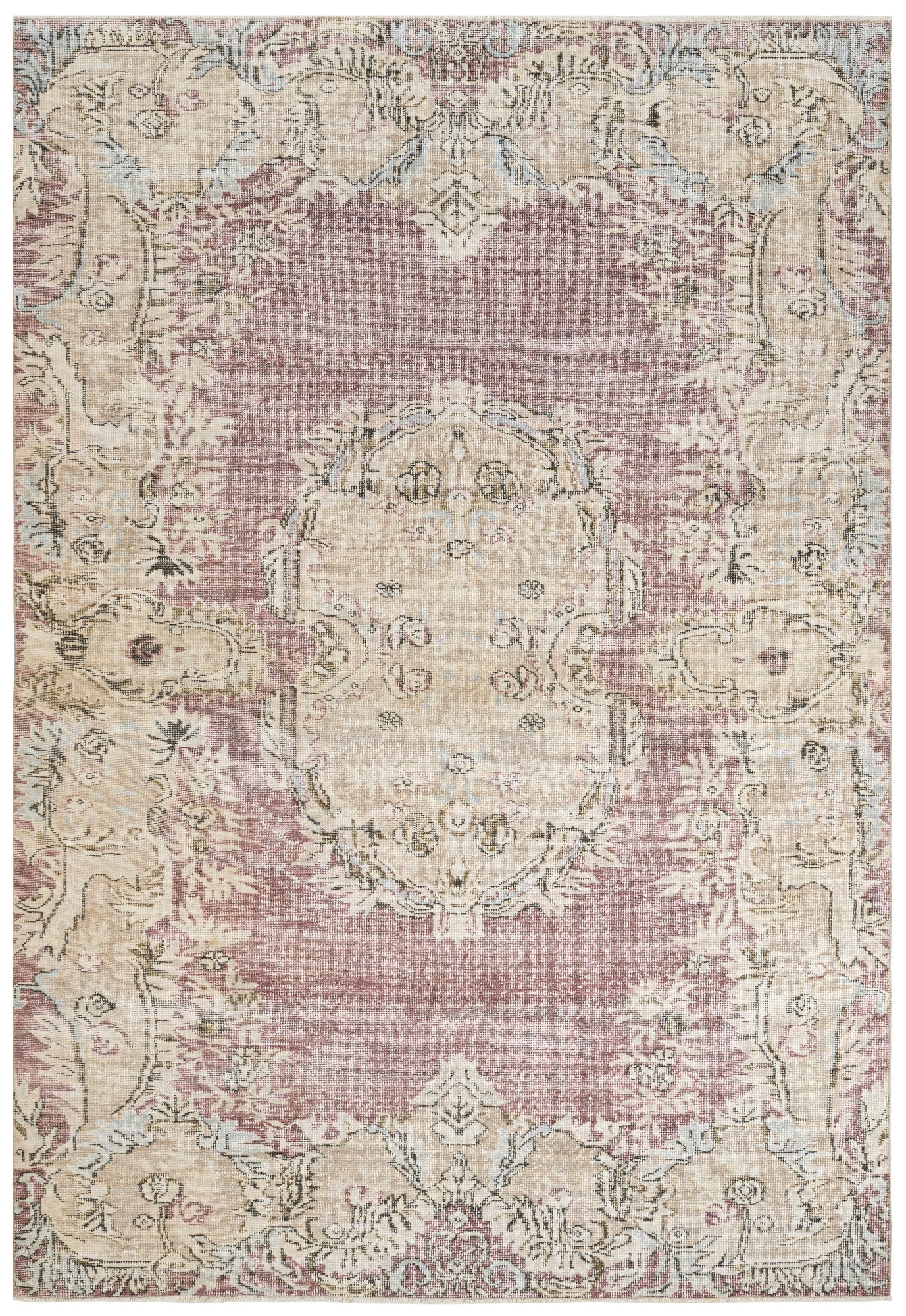 Handmade Wool Cotton Rug - Vintage Pink Medallion Carpet 6'8" x 10' Durable Bohemian Style