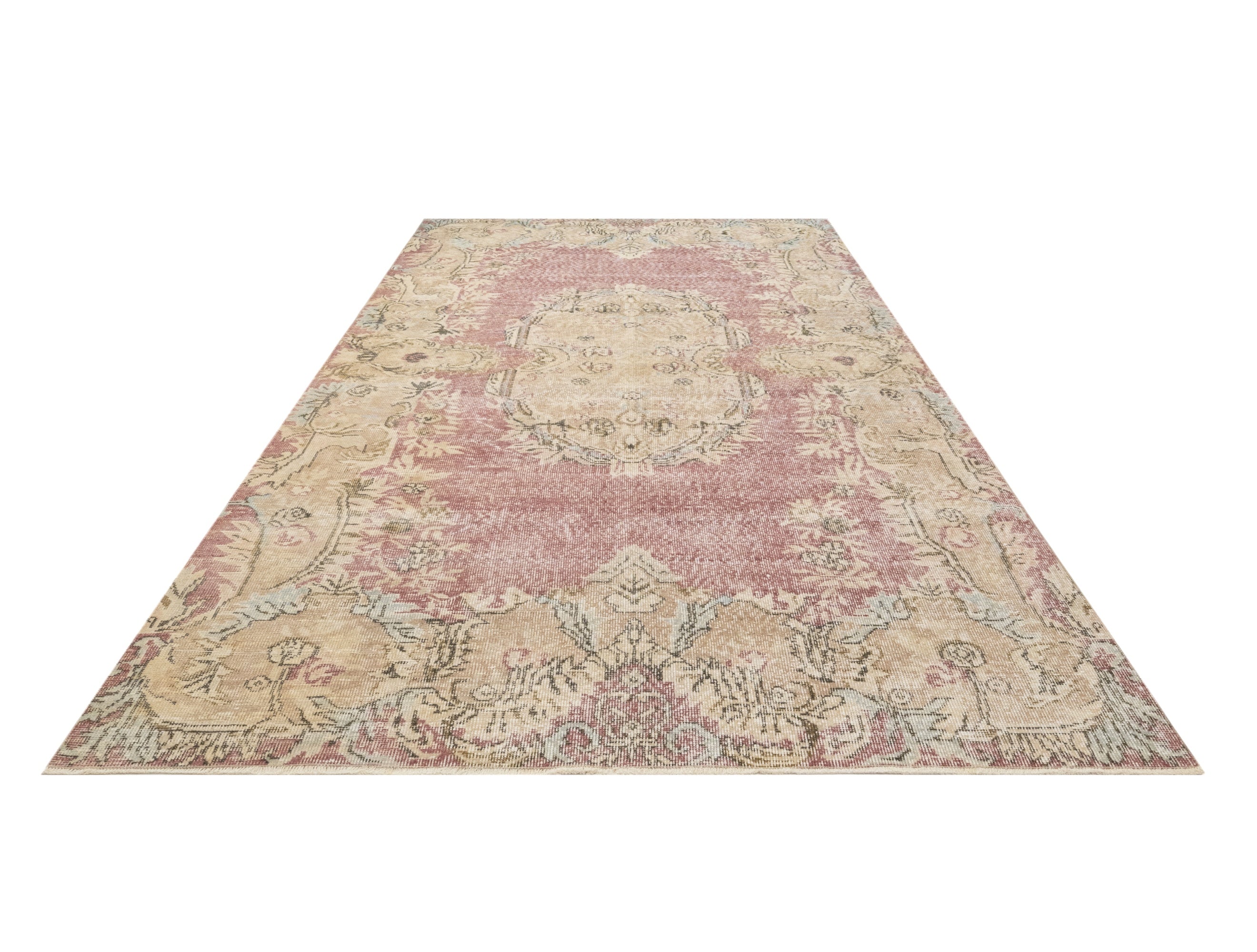 Handmade Wool Cotton Rug - Vintage Pink Medallion Carpet 6'8" x 10' Durable Bohemian Style