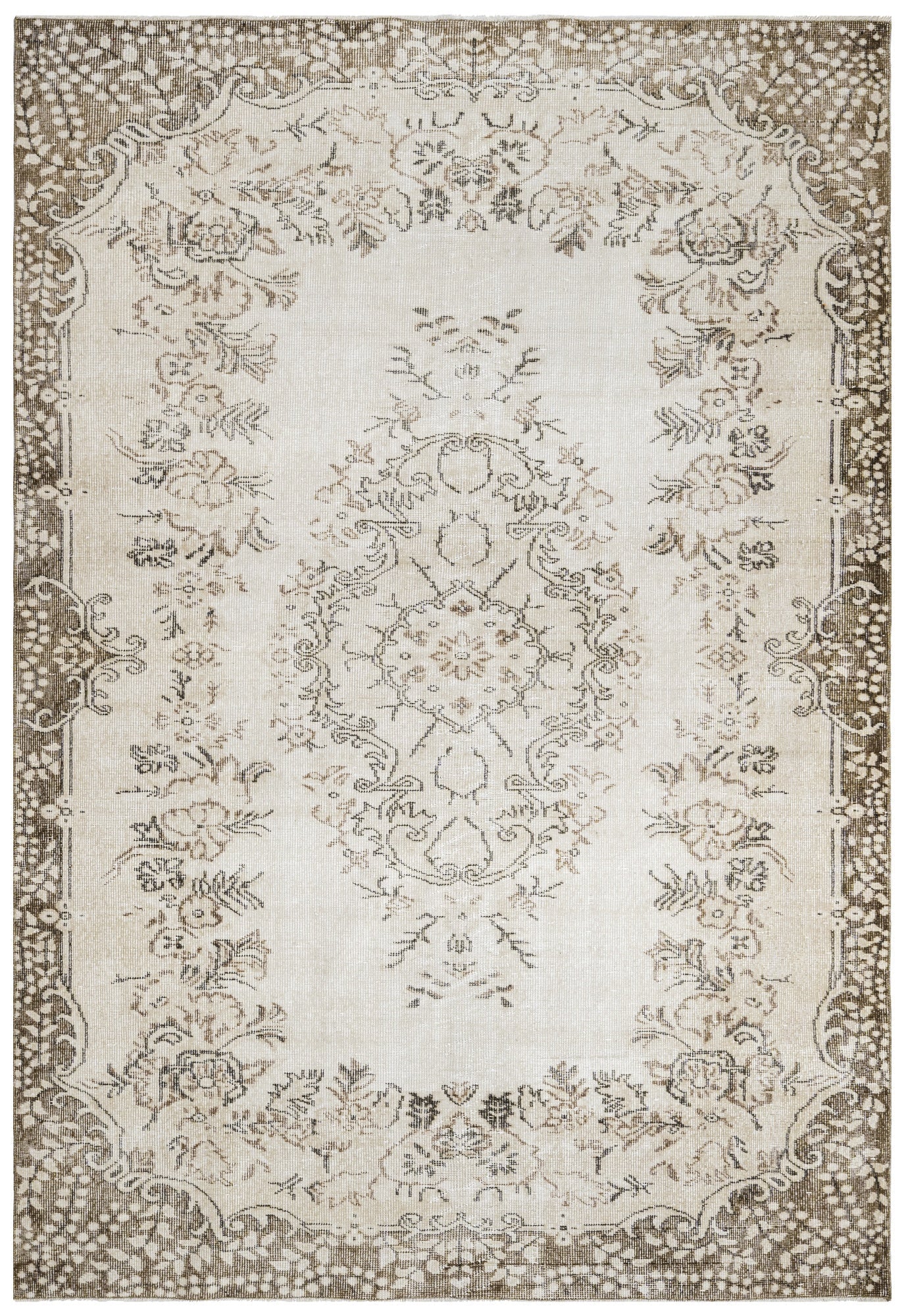 Handmade Wool Cotton Rug - Vintage Brown Medallion Area Rug 6x9 Feet Classic Design