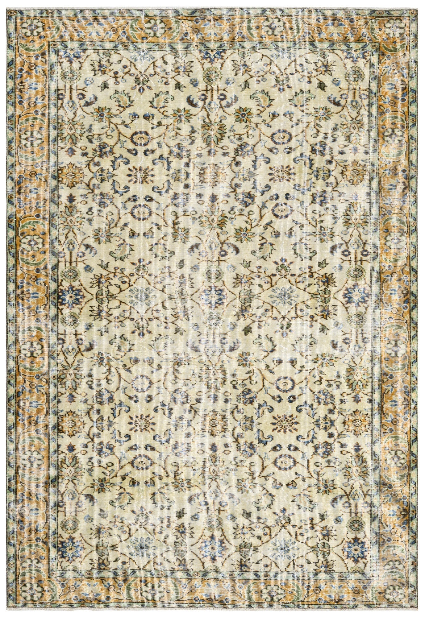 Handmade Wool Cotton Rug - Vintage Yellow Frame 5x9 Feet Durable Natural Fibers