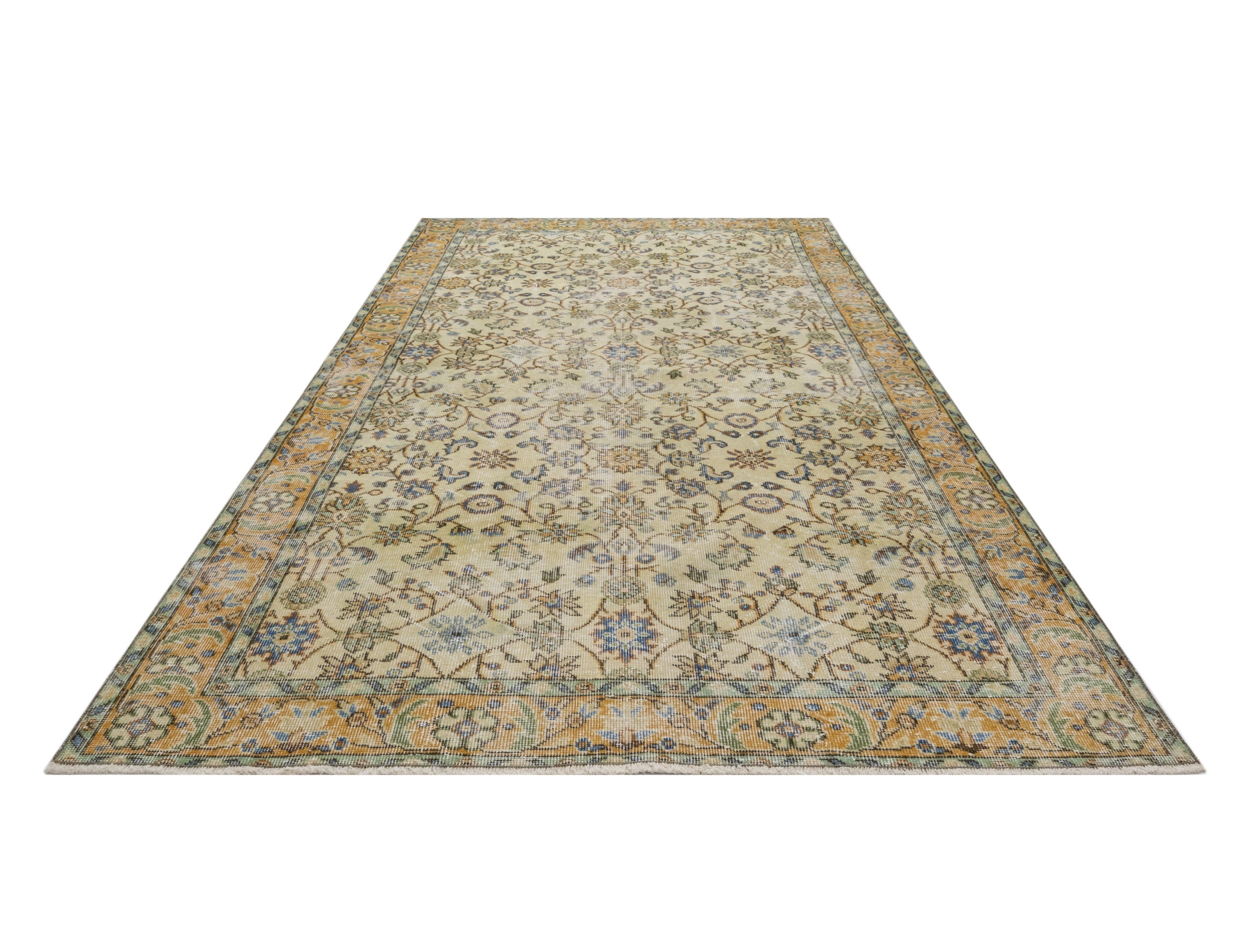 Handmade Wool Cotton Rug - Vintage Yellow Frame 5x9 Feet Durable Natural Fibers