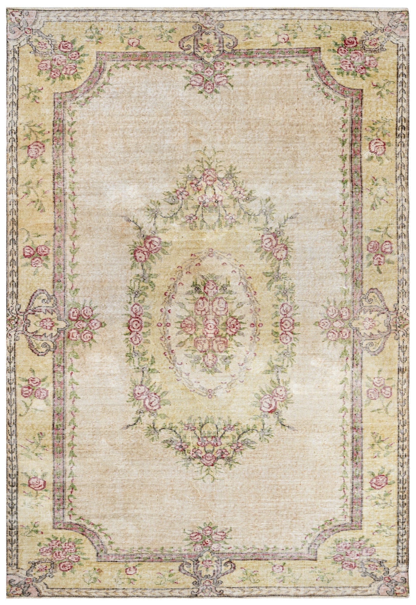 Handmade Wool Rug – Vintage Green Medallion Cotton Blend 5'4" x 8'11"