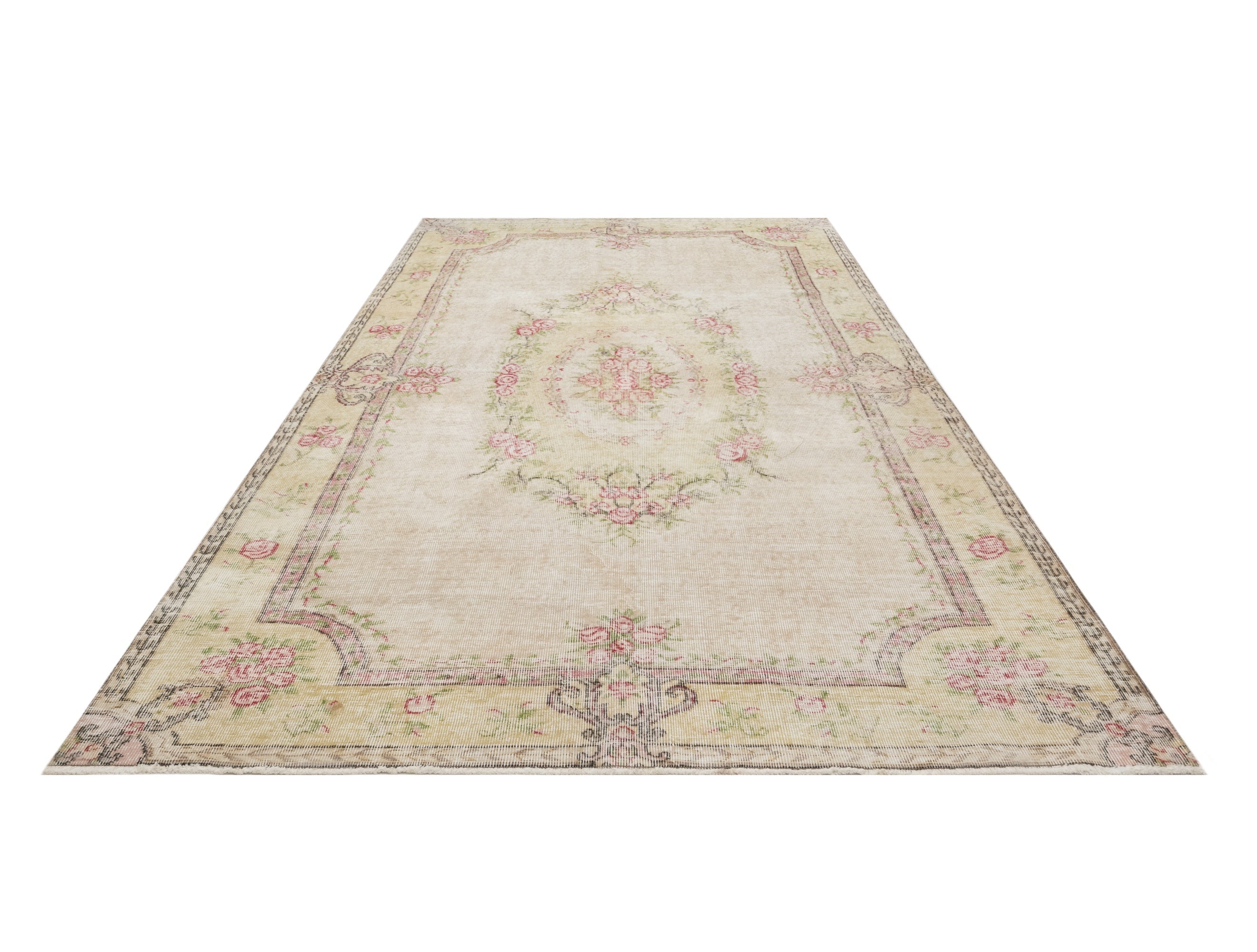 Handmade Wool Rug – Vintage Green Medallion Cotton Blend 5'4" x 8'11"