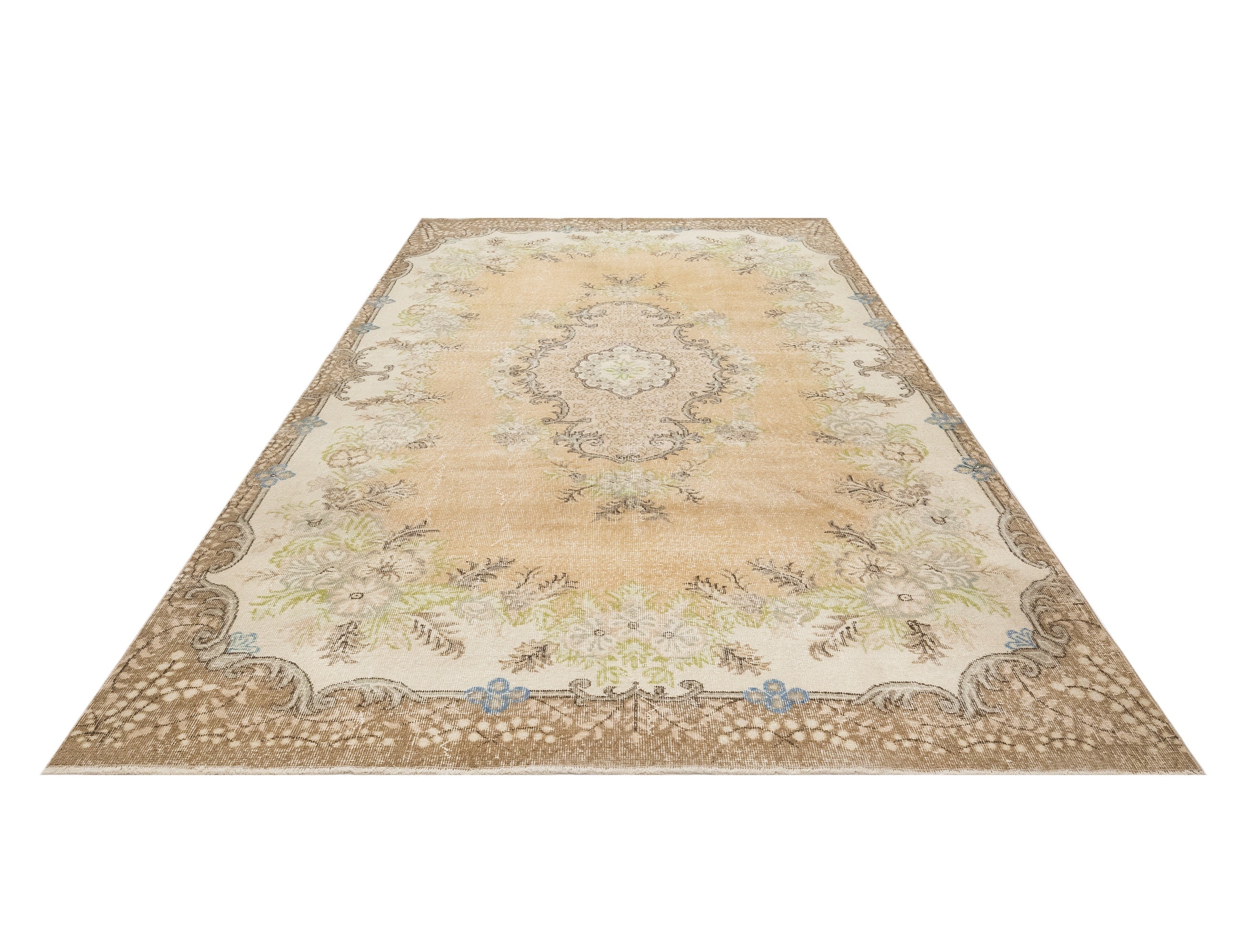 Handmade Wool Cotton Rug – Vintage Brown Medallion Carpet 6'11"x10'8" Area Rug