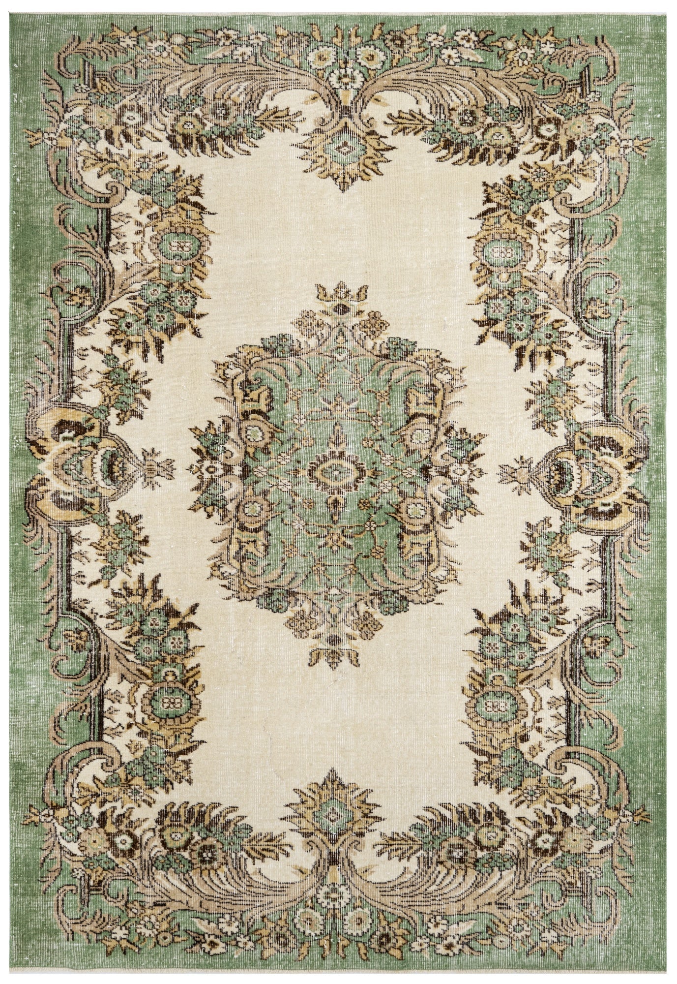 Handmade Wool Cotton Rug – Vintage Green Medallion Carpet 5'8"x9'3" Durable Natural Fibers