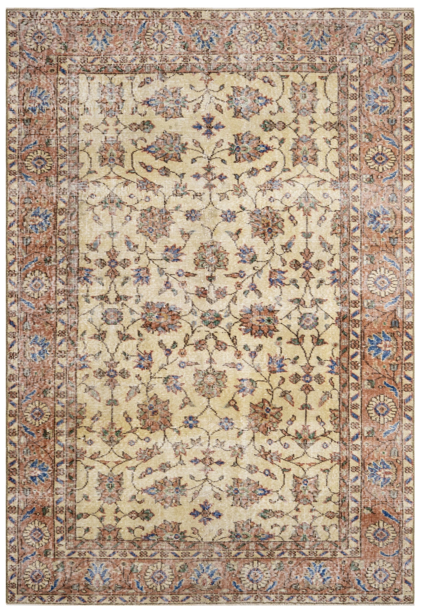 Handmade Wool Rug - Vintage Red Frame 4x8 Feet Durable Wool Cotton Carpet