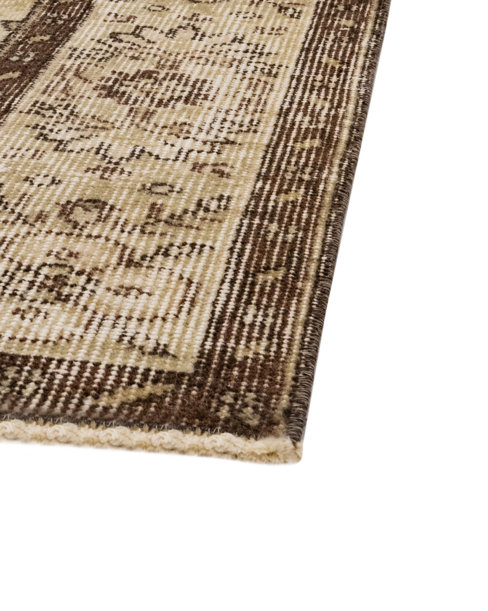 Handmade Wool Cotton Rug – Vintage Brown Frame Carpet 5'7" x 8'10" for Living Room