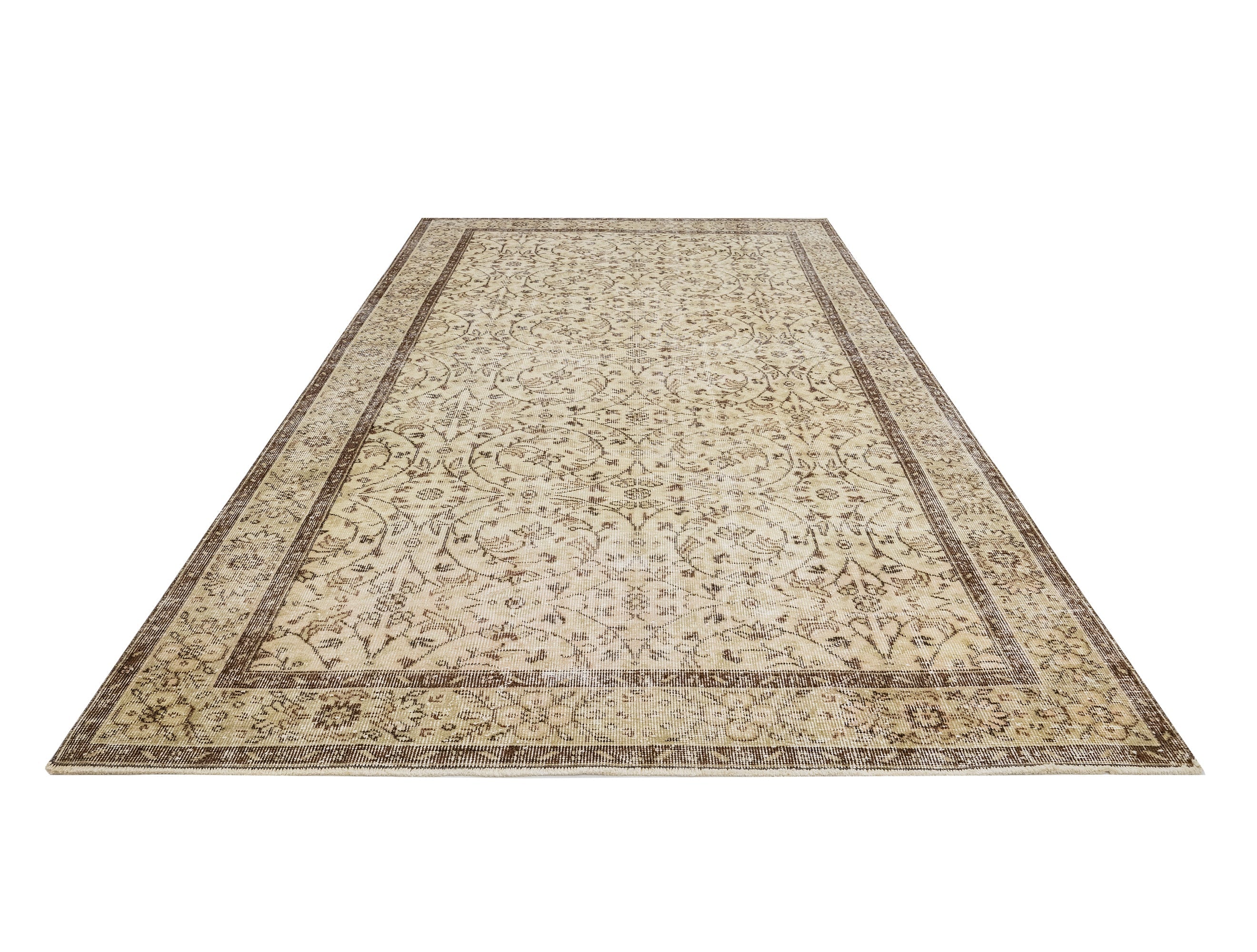 Handmade Wool Cotton Rug – Vintage Brown Frame Carpet 5'7" x 8'10" for Living Room