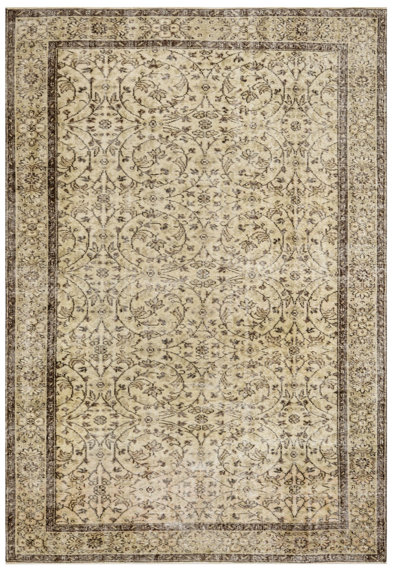 Handmade Wool Cotton Rug – Vintage Brown Frame Carpet 5'7" x 8'10" for Living Room