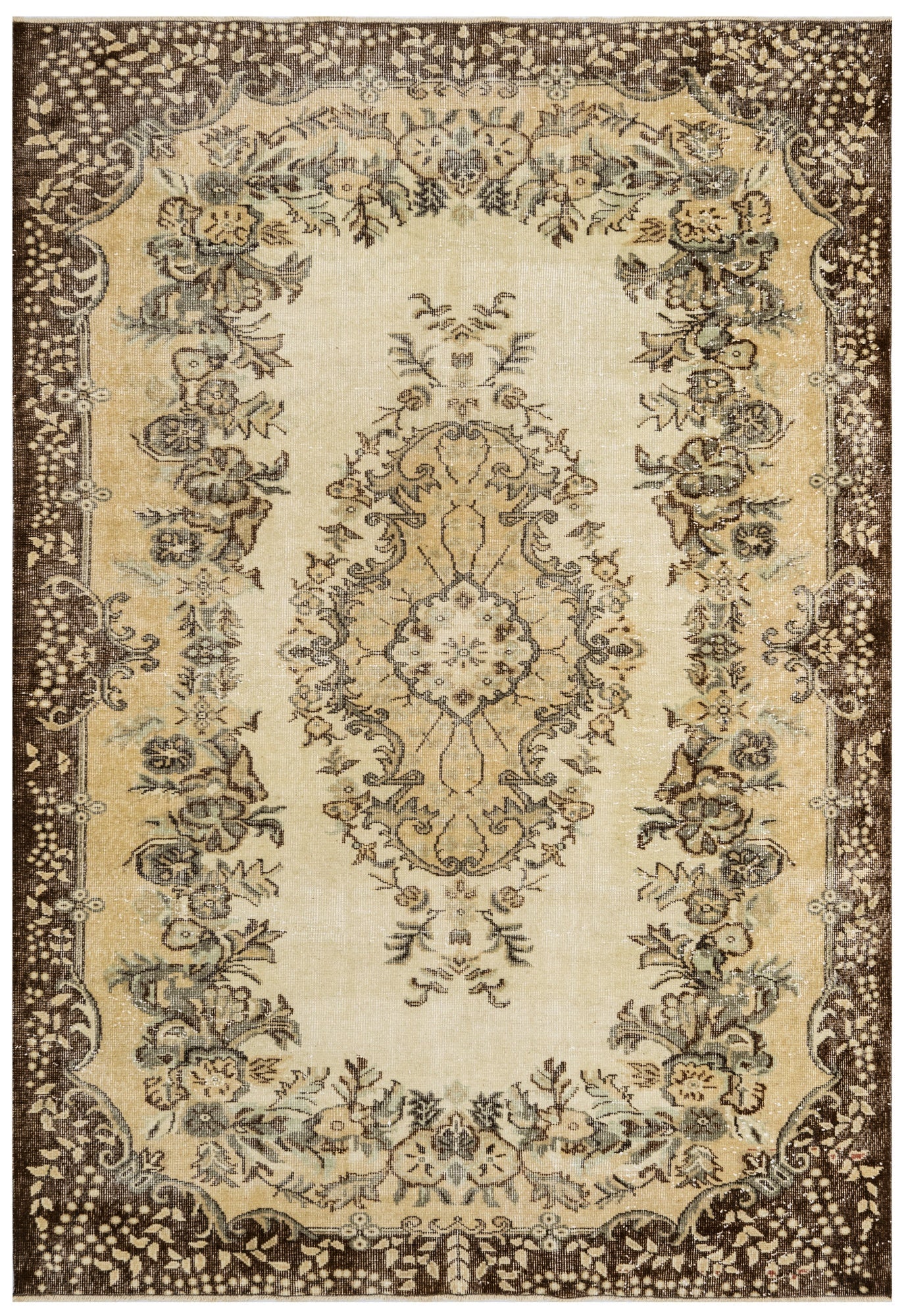 Handmade Wool Cotton Rug – Vintage Brown Medallion 5'10" x 9'8" Area Carpet