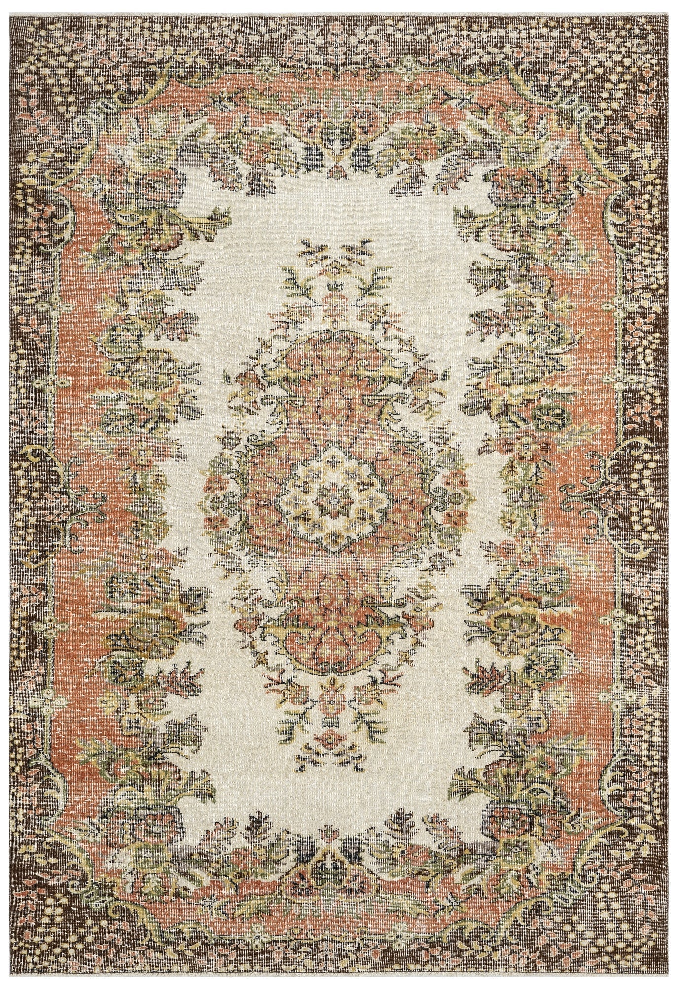 Handmade Wool Rug - Vintage Brown Medallion Cotton Blend, 5'10" x 10'4"