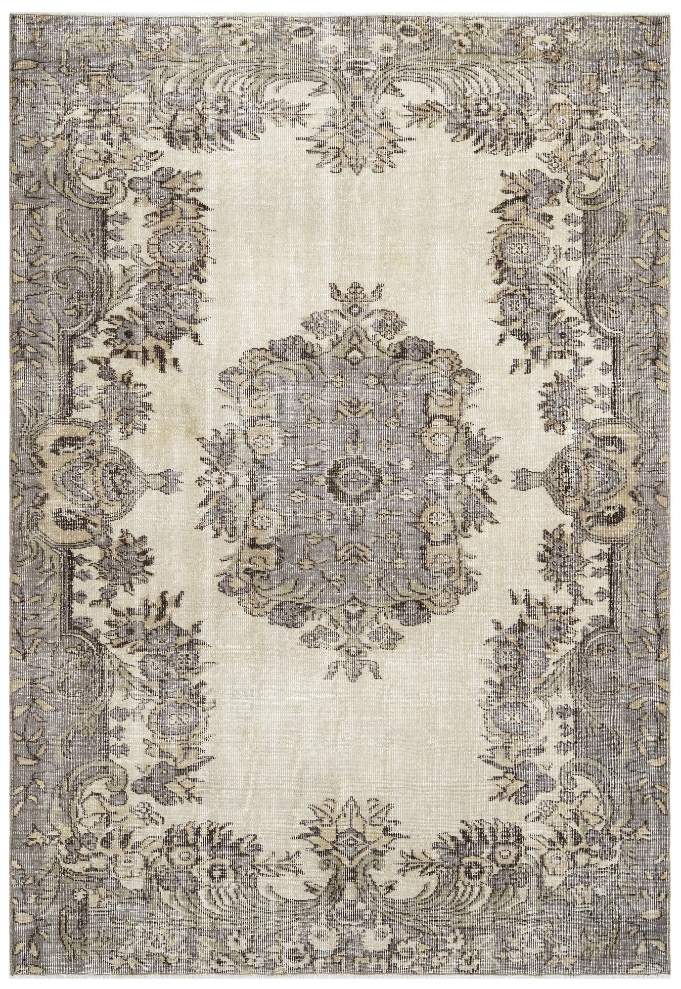 Handmade Wool Rug - Vintage Grey Medallion Carpet 5'8"x8'7" Durable Soft Natural Fiber