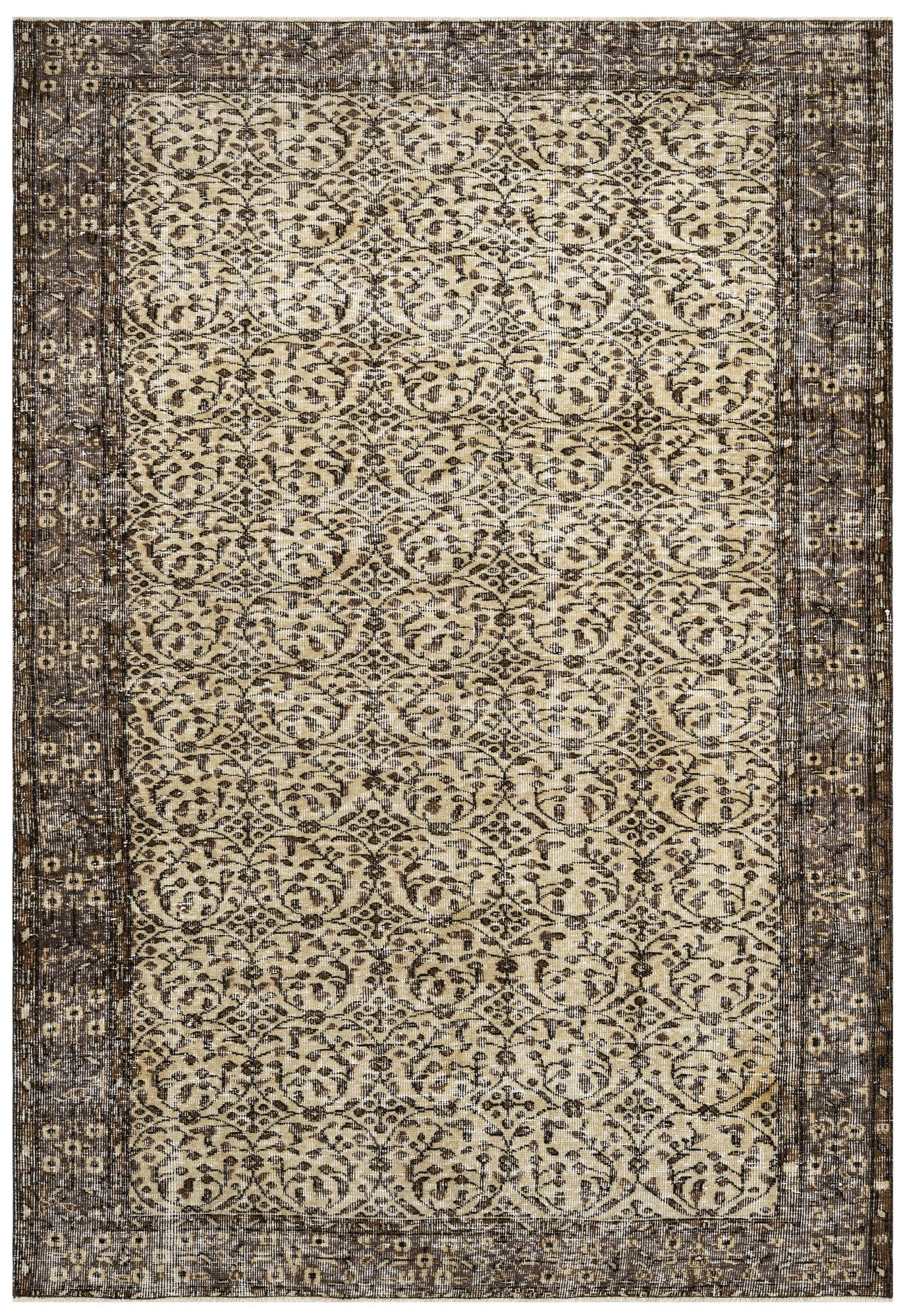 Handmade Wool Cotton Rug – Vintage Brown Frame 5x9 Feet Rustic Area Carpet