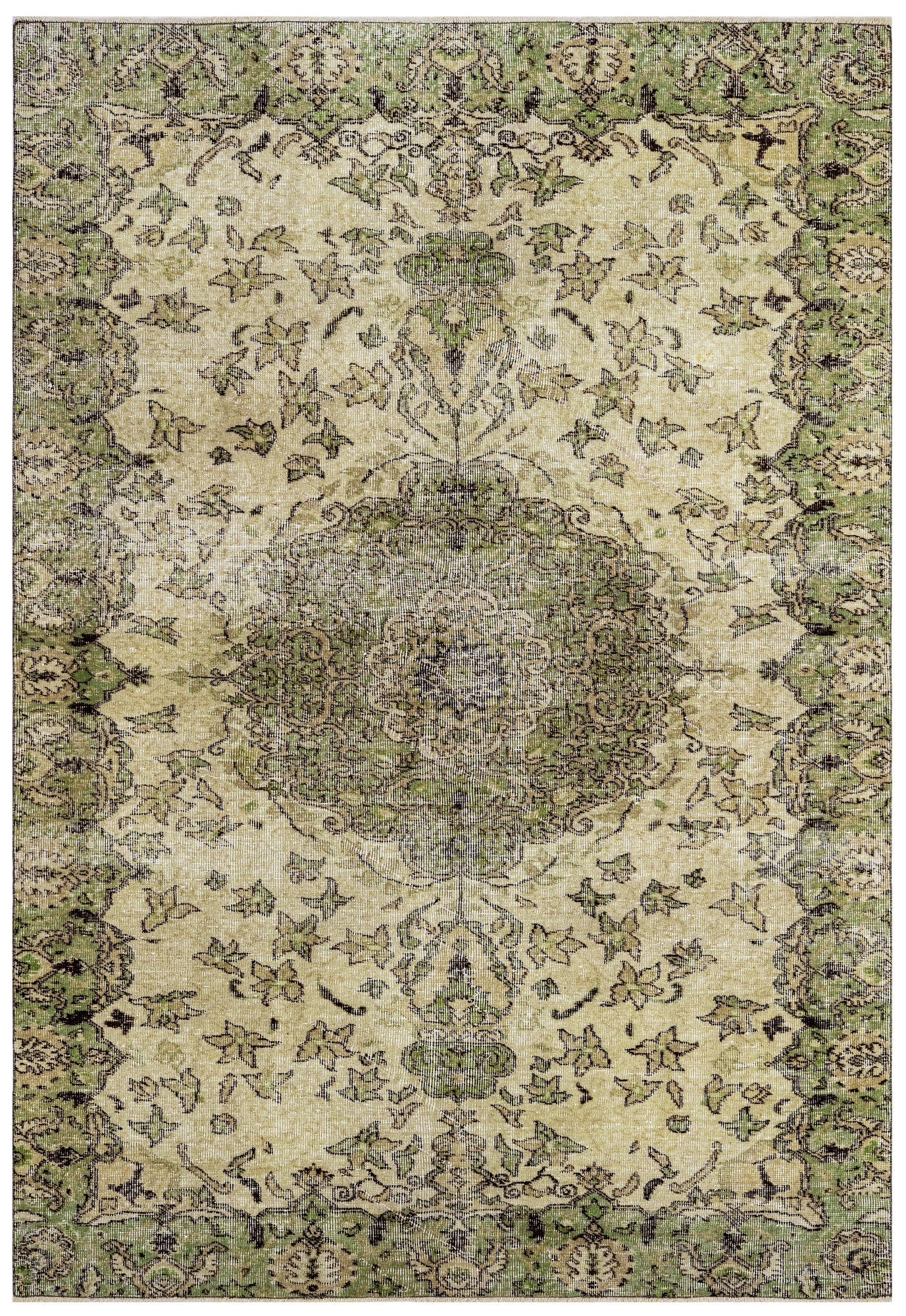 Handmade Wool Cotton Rug - Vintage Green Medallion Area Carpet 5'9" x 9'3"