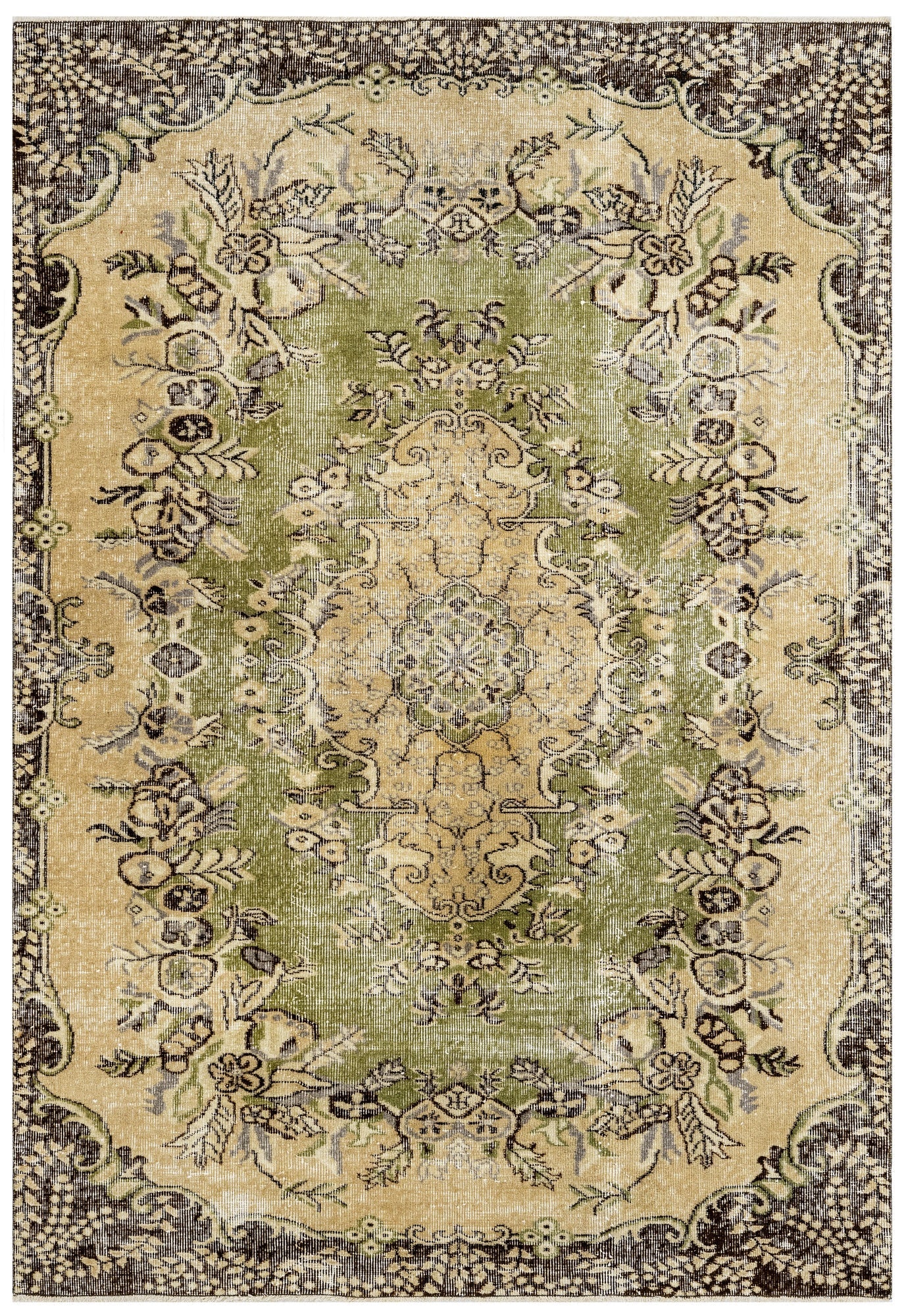 Handmade Wool Rug - Vintage Green Medallion Carpet 5'5" x 8'6" Cotton Wool Blend