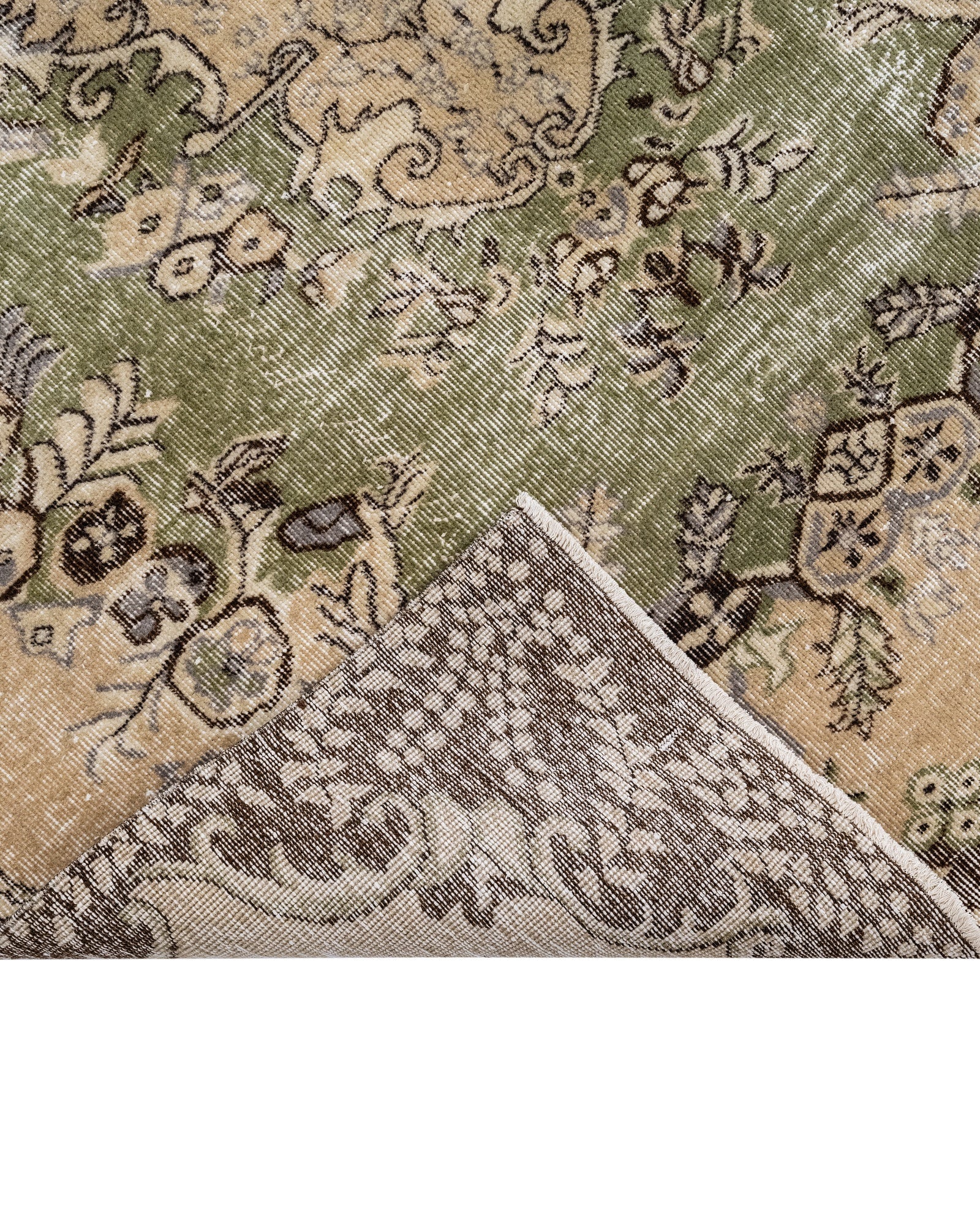 Handmade Wool Rug - Vintage Green Medallion Carpet 5'5" x 8'6" Cotton Wool Blend