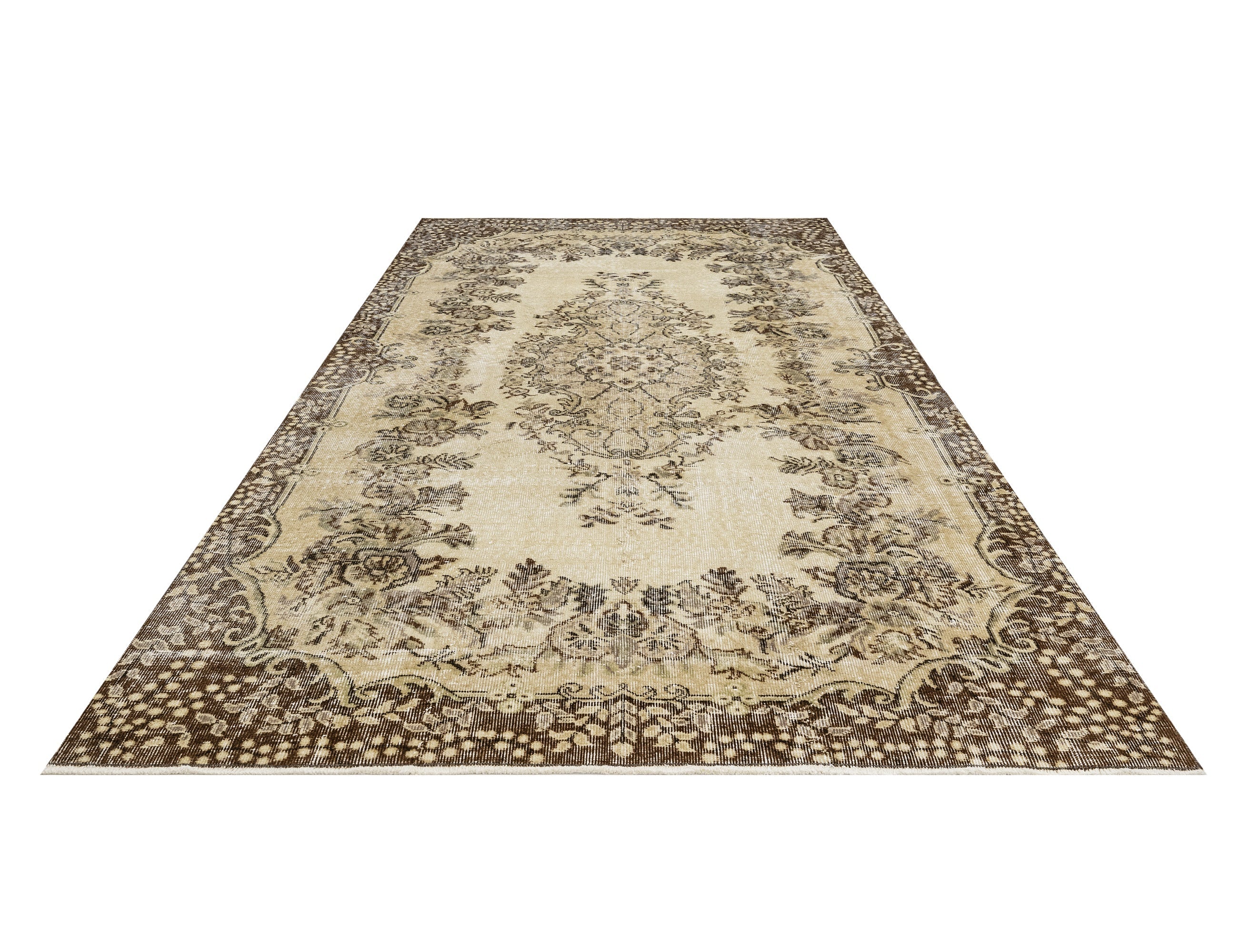 Handmade Wool Rug – Vintage Brown Medallion Area Carpet 5'6" x 8'10"