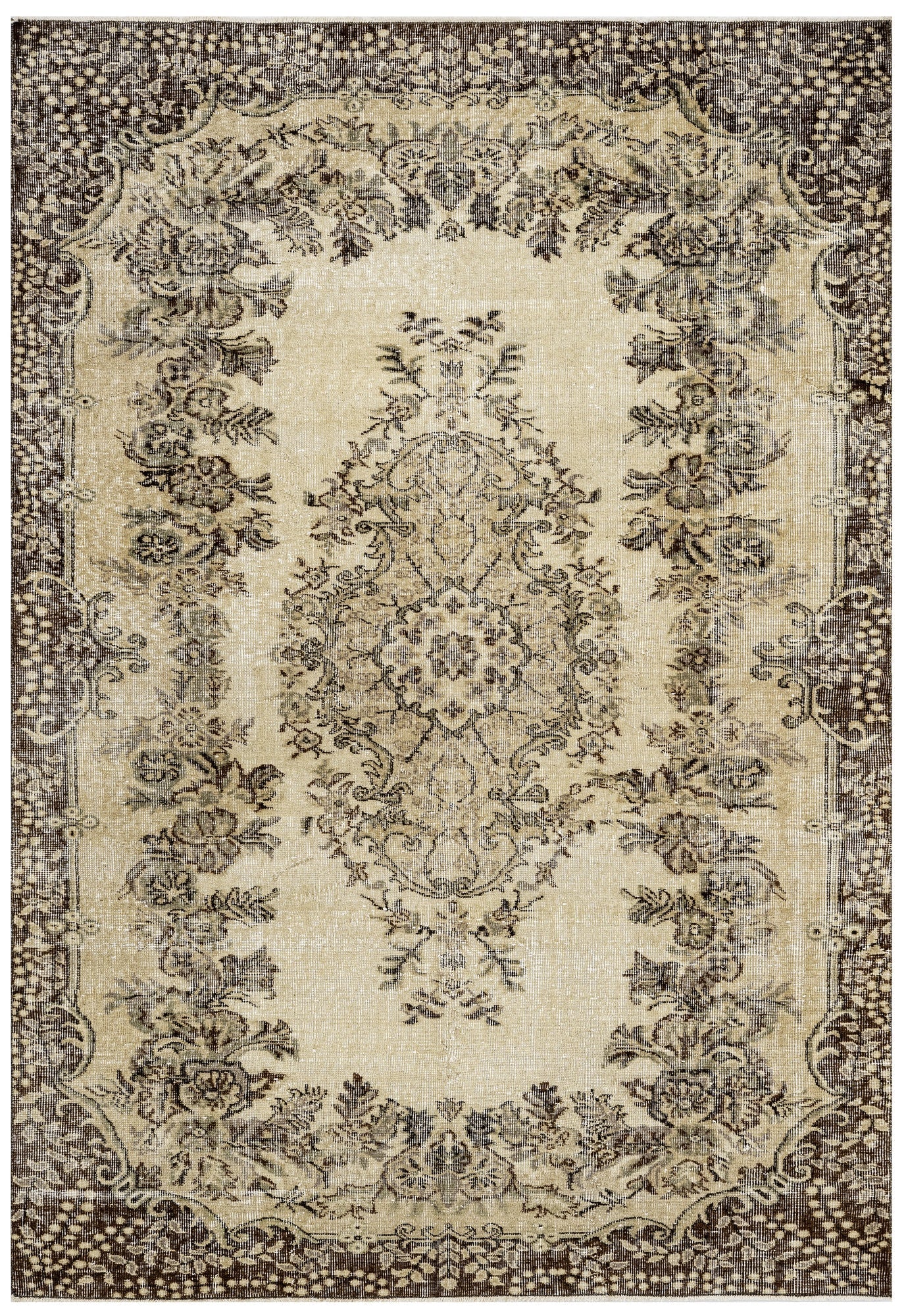 Handmade Wool Rug – Vintage Brown Medallion Area Carpet 5'6" x 8'10"