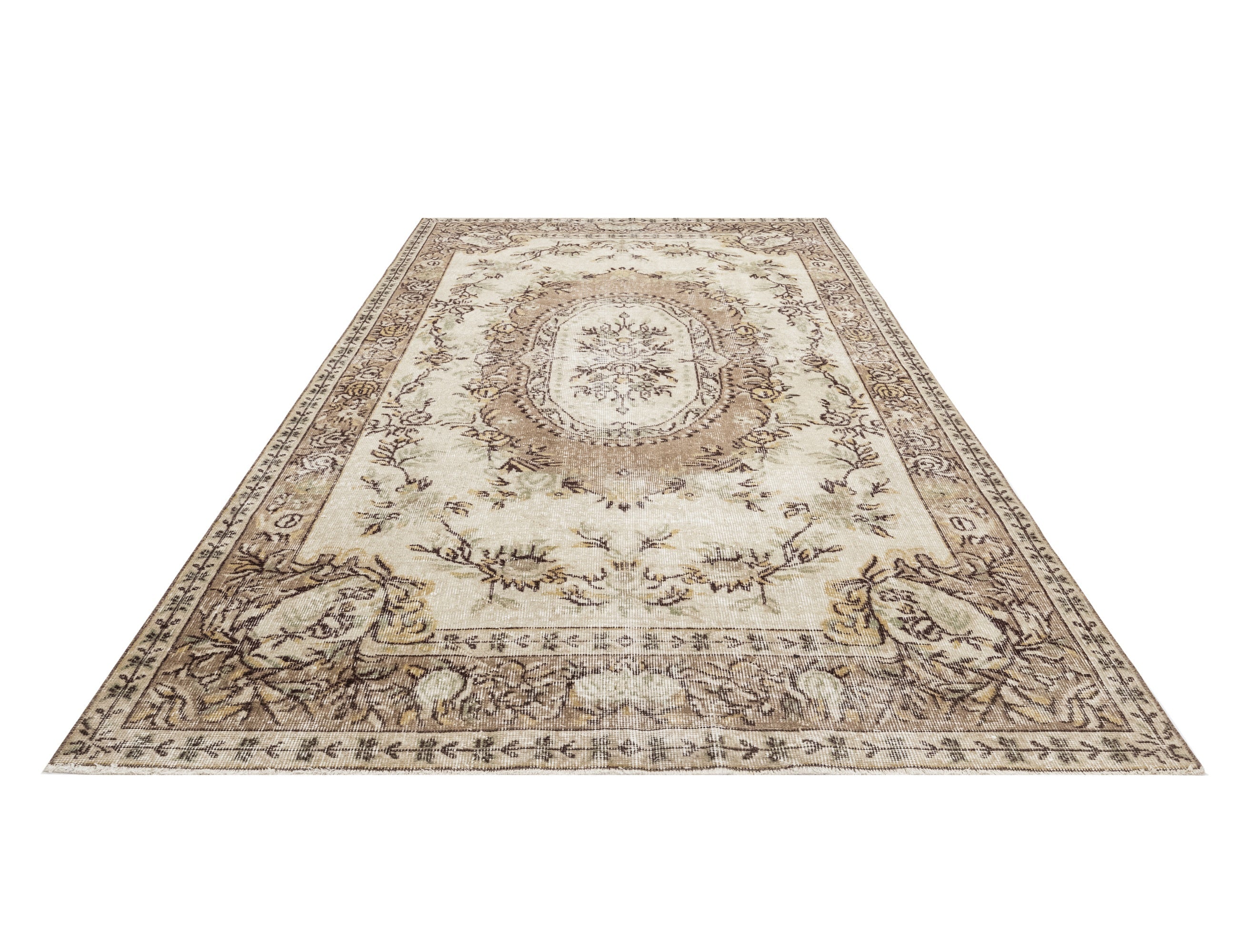 Handmade Wool Cotton Rug - Vintage Brown Medallion Carpet 5'3" x 8'10"