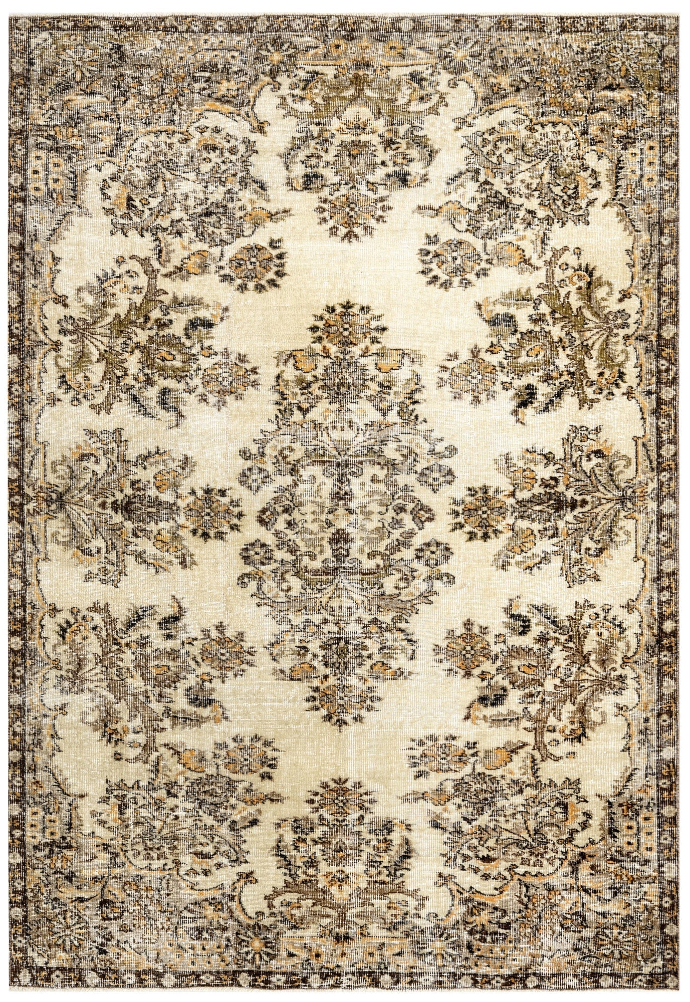 Handmade Wool Cotton Rug – Vintage Brown Medallion Carpet 5'7" x 8'9" Area