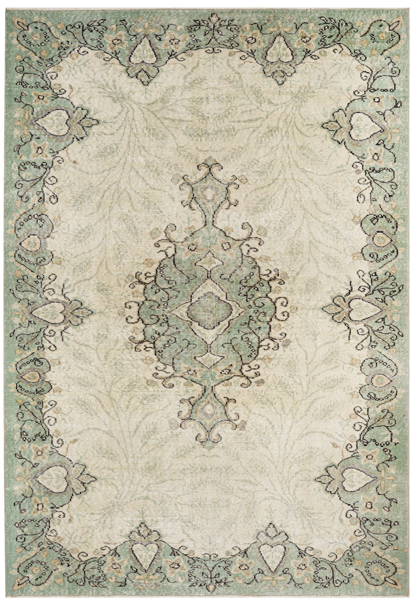 Handmade Wool Rug - Vintage Green Medallion 5'2"x8'4" Cotton Blend Carpet