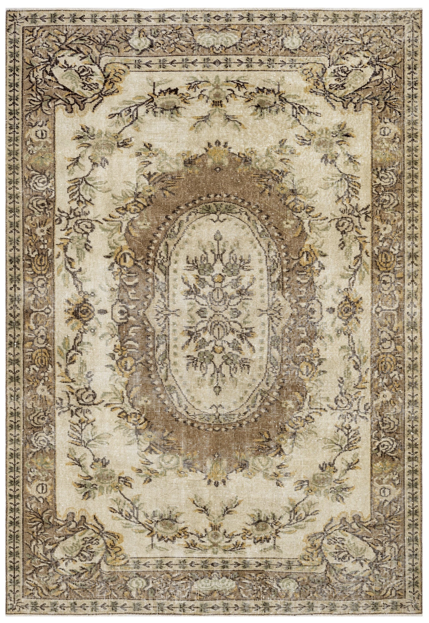 Handmade Wool Cotton Rug – Vintage Brown Medallion Carpet 5'3" x 8'11"