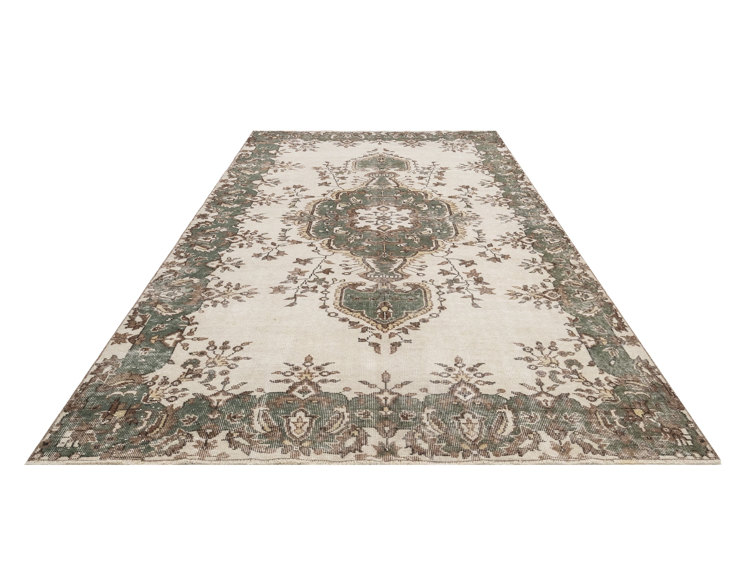 Handmade Wool Cotton Rug – Vintage Green Medallion Carpet 5x9 Area Durable Handwoven