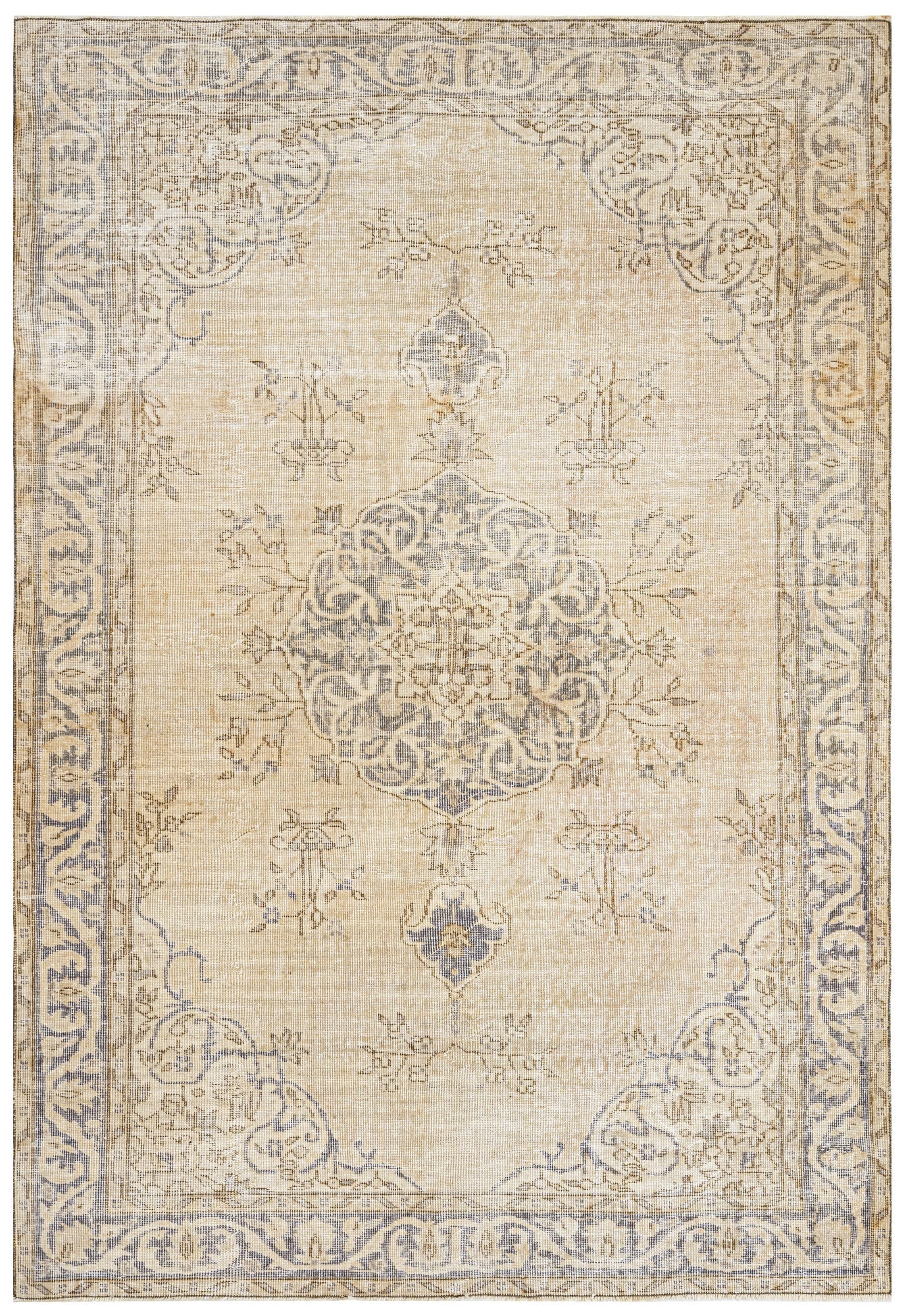 Handmade Wool Cotton Rug – Vintage Beige Medallion Carpet 6' x 10' Soft Texture