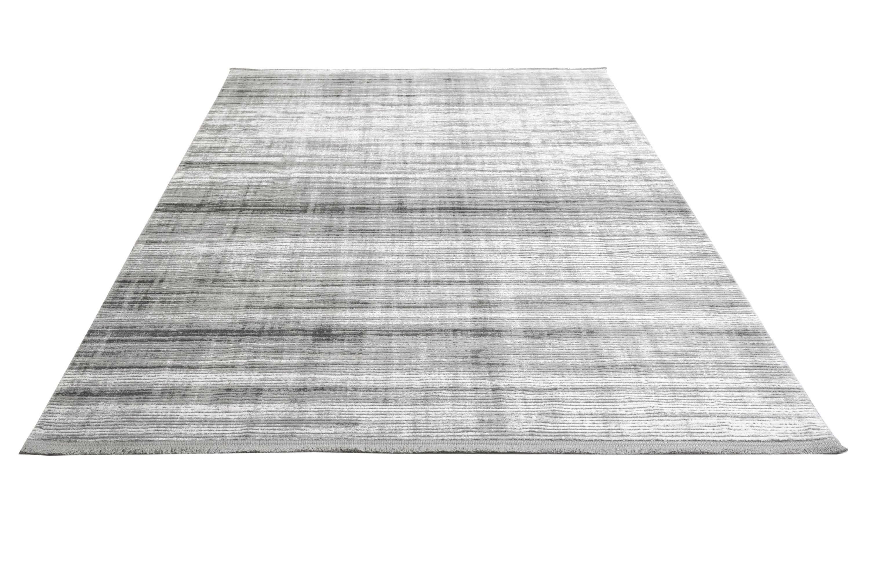 Modern Area Rug – Ornamental Grey Machine Made Acrylic Floor Covering with Fringed Edge