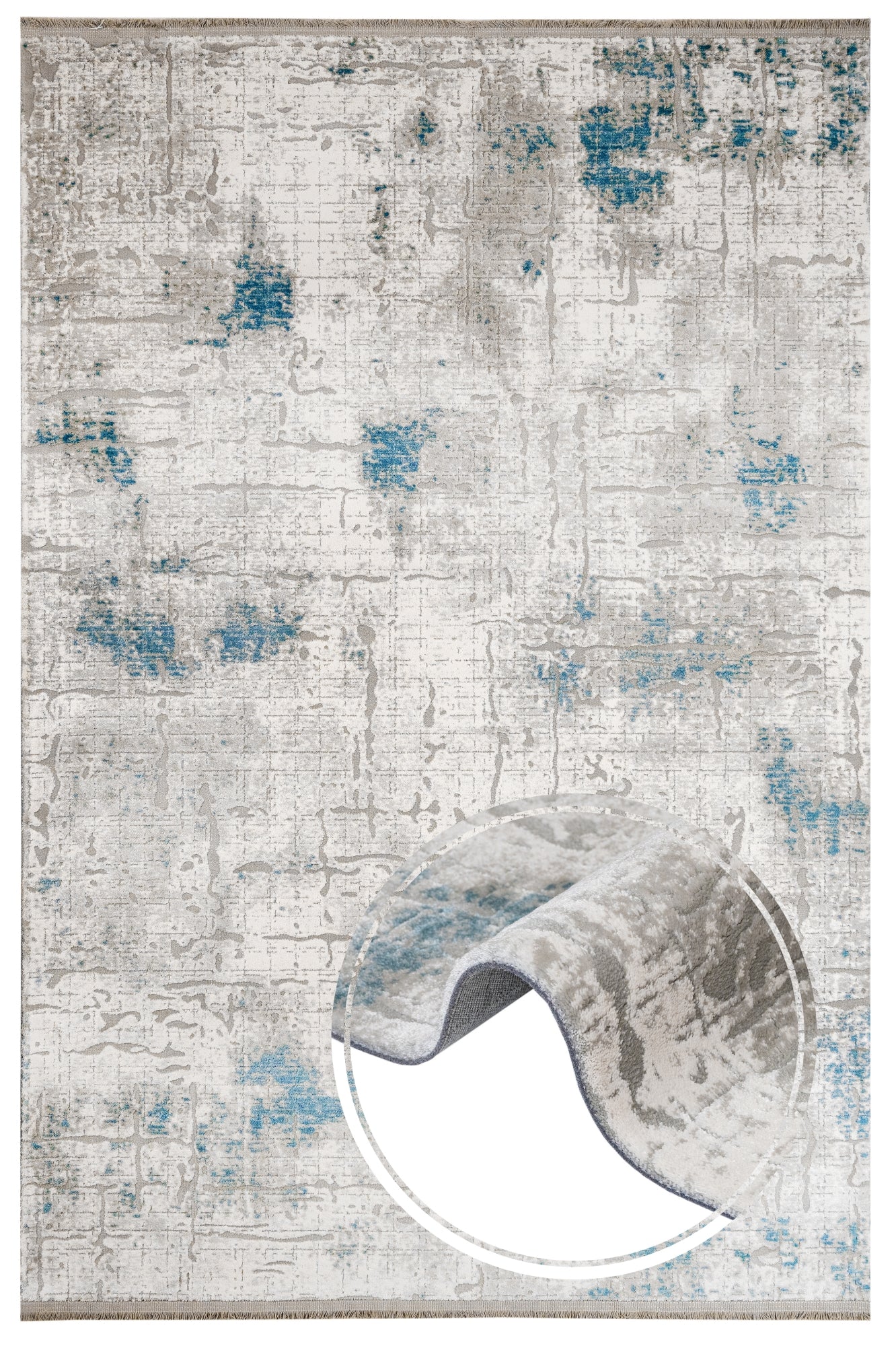 Blue Modern Area Rug – Machine Made Acrylic Carpet with Fringed Edges