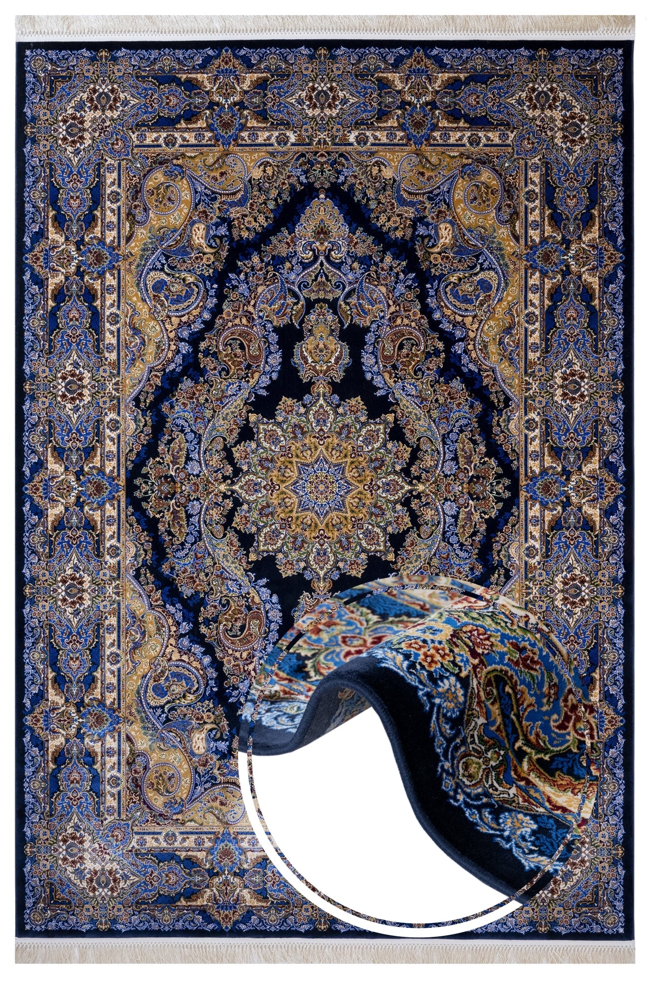 Classic Viscose Area Rug – Navy Blue Machine Made Rug with Fringed Edges