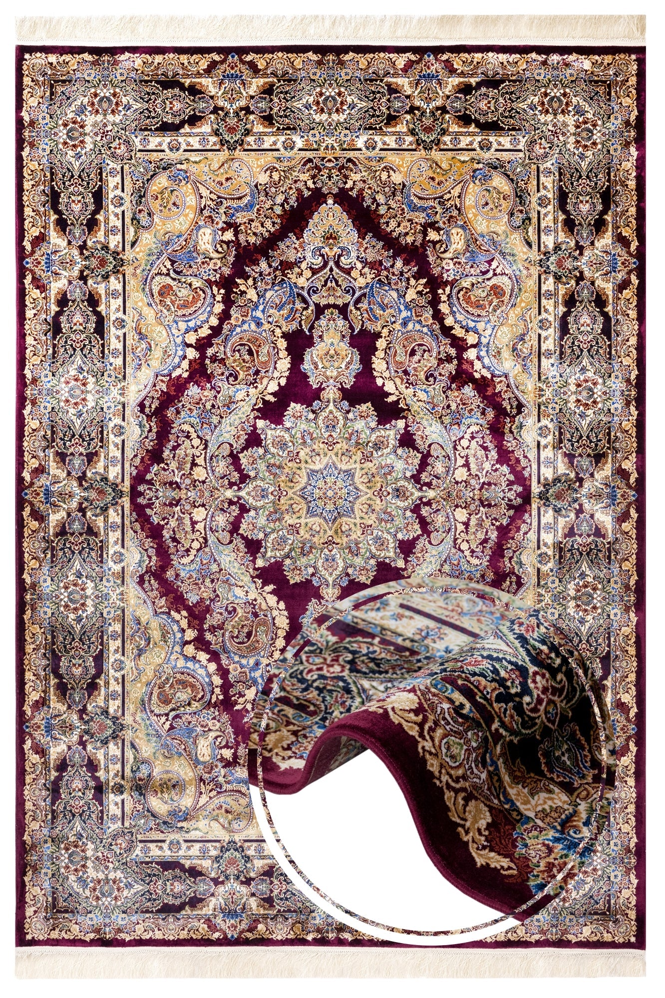 Burgundy Viscose Area Rug – Classic Machine Made Rug With Fringed Edges