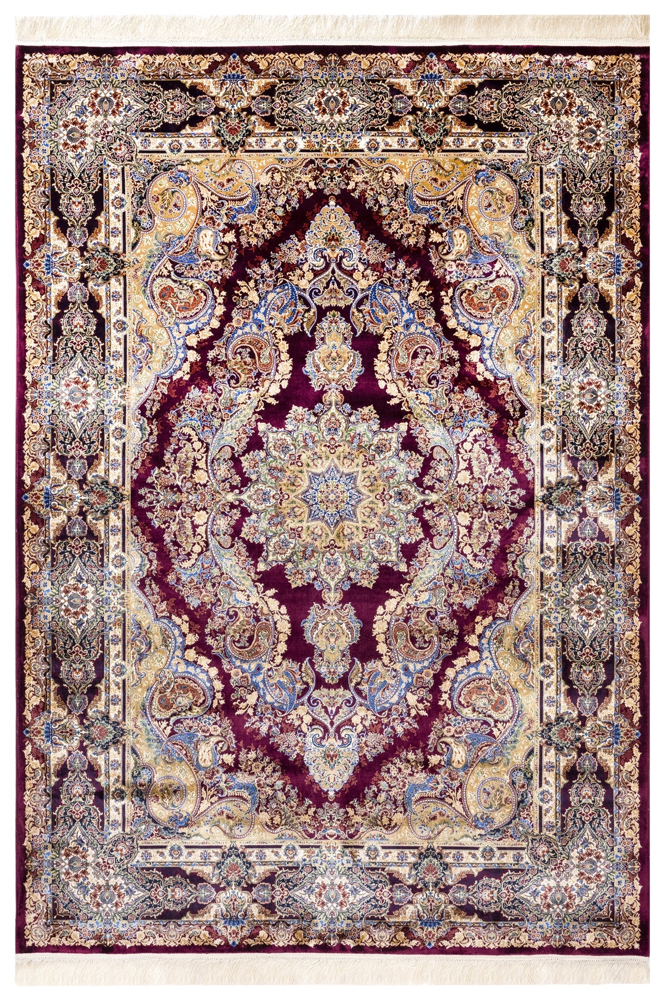 Burgundy Viscose Area Rug – Classic Machine Made Rug With Fringed Edges