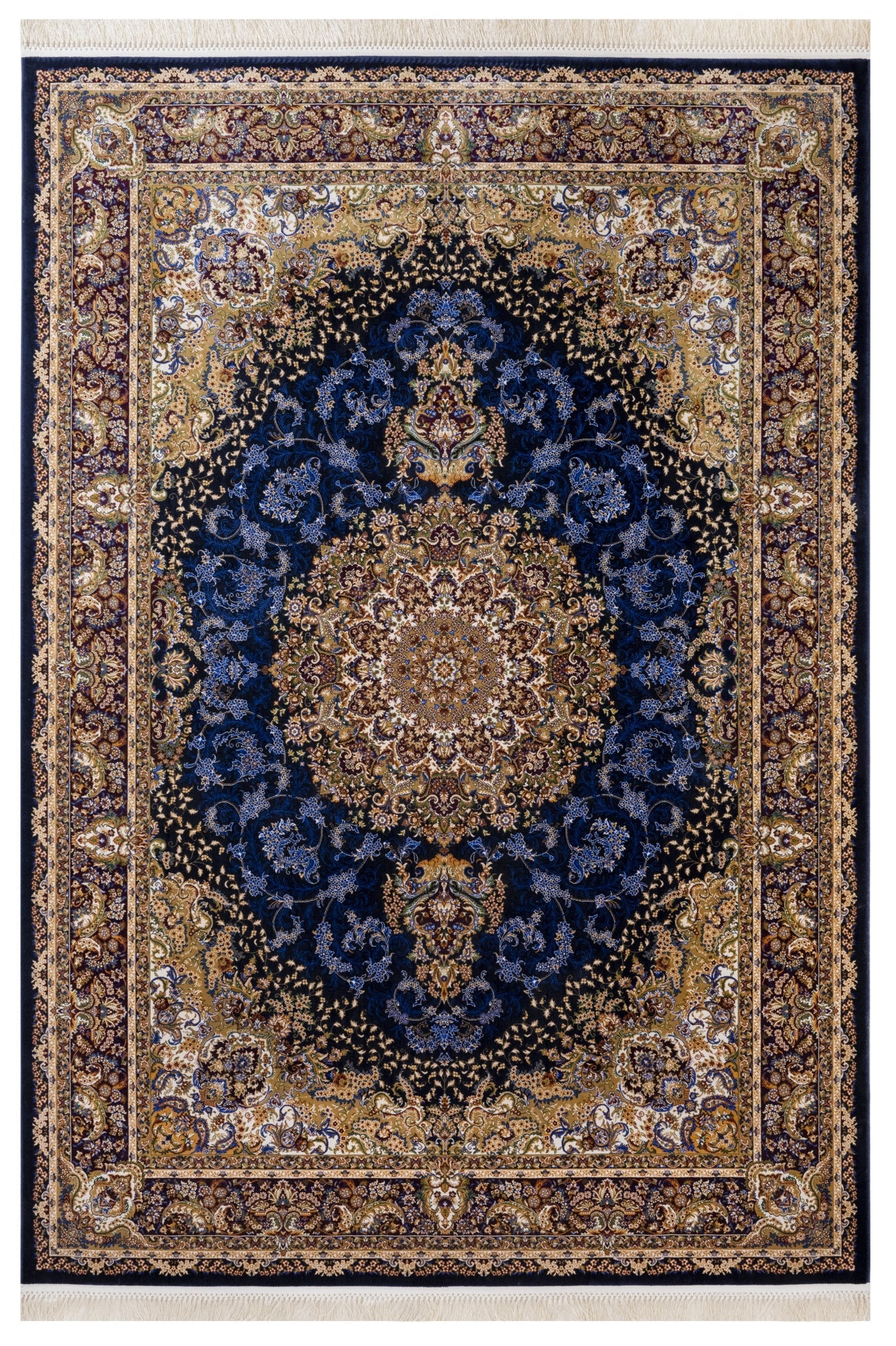 Navy Viscose Area Rug – Classic Machine Made Soft Blue Carpet With Fringed Edges