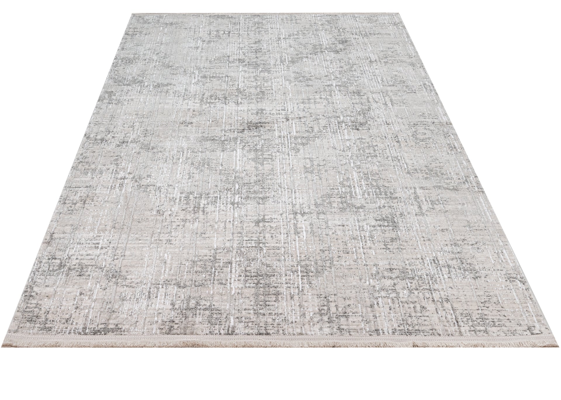 Grey Striped Area Rug - Machine Made Rug With 11 mm Pile Height & Laser Cut Fringe