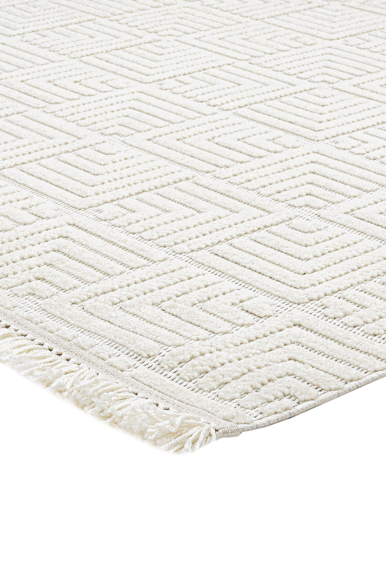 Geometric Area Rug - Machine Made Cream Rug With 7 Mm Pile Height & Overlock Edge