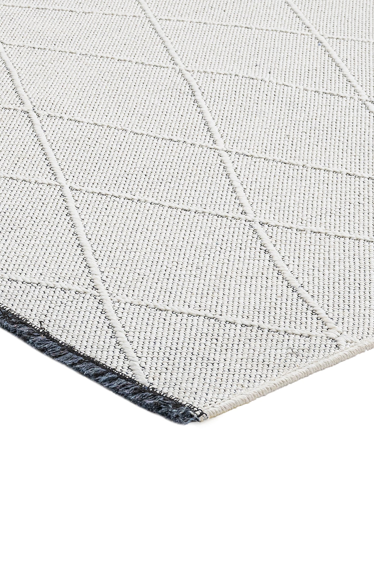 Cotton Kilim Rug - Geometric Cream Carpet With Woven Sole & Fringed Edge