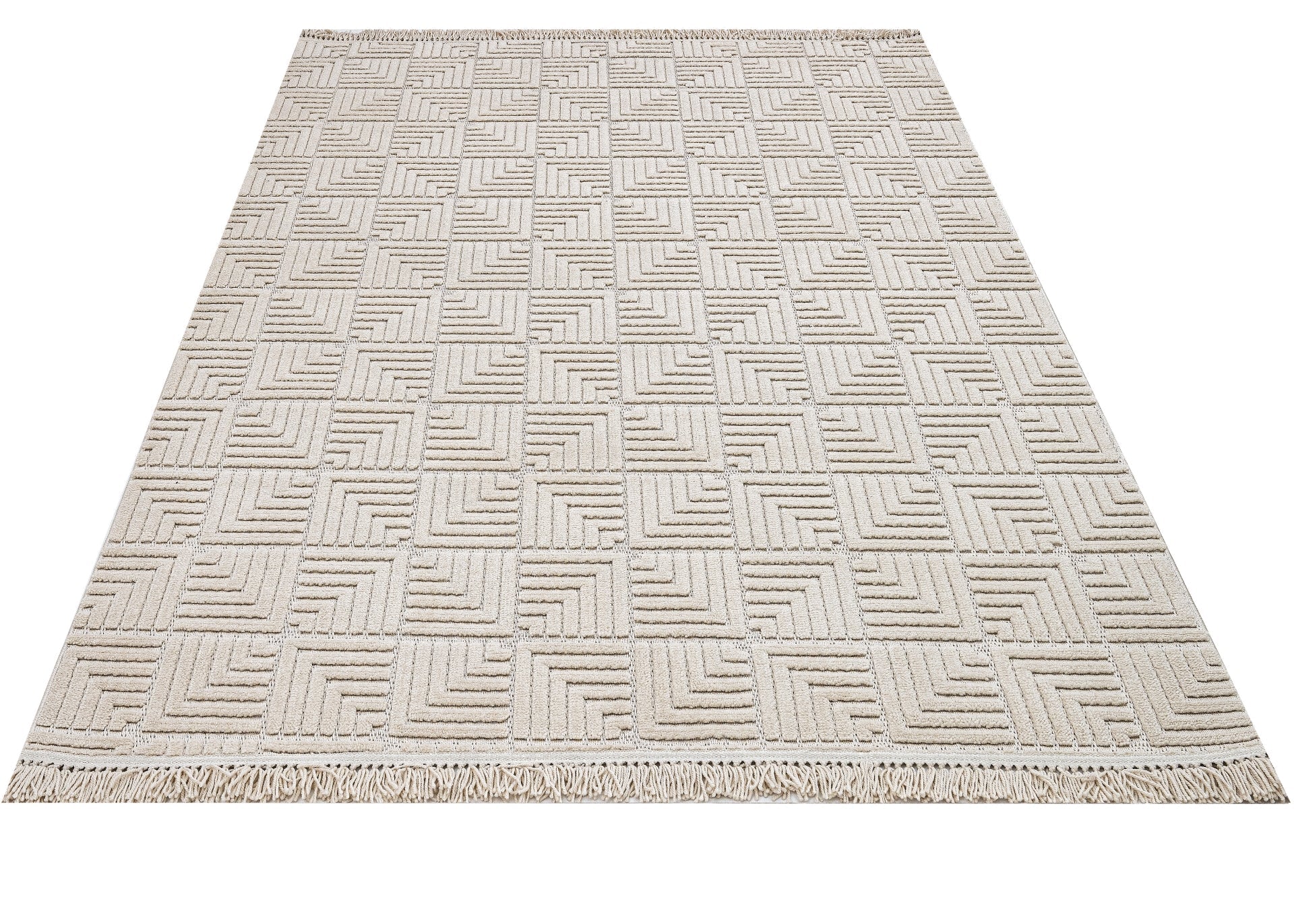 Beige Geometric Area Rug – Machine Made Polyester Carpet With 7mm Pile Height