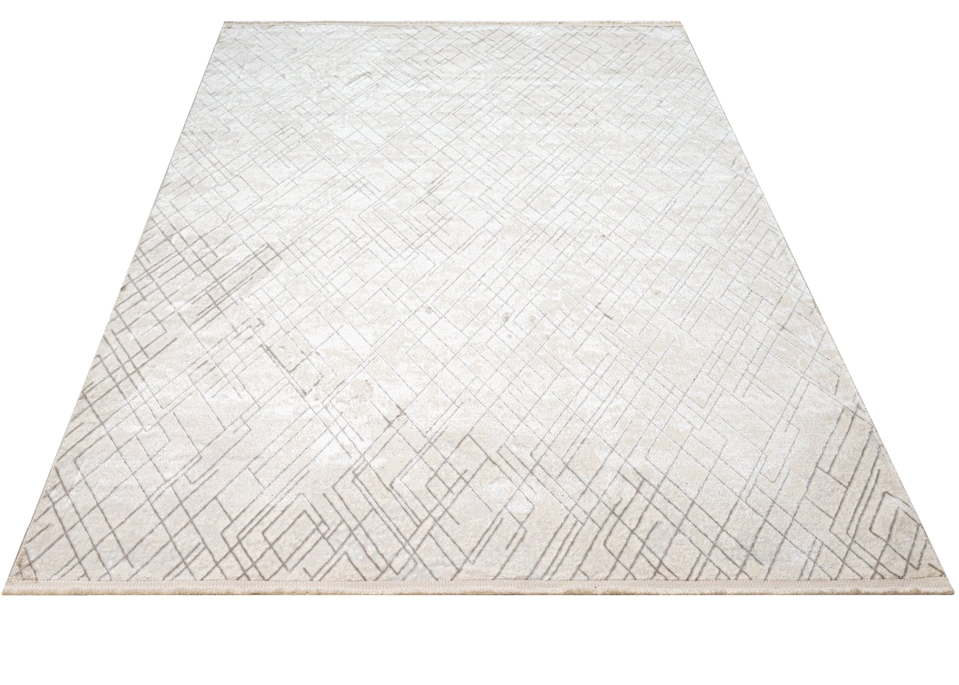 Microfiber Area Rug – Machine Made Cream Geometric Cotton Base Carpet by Luxess