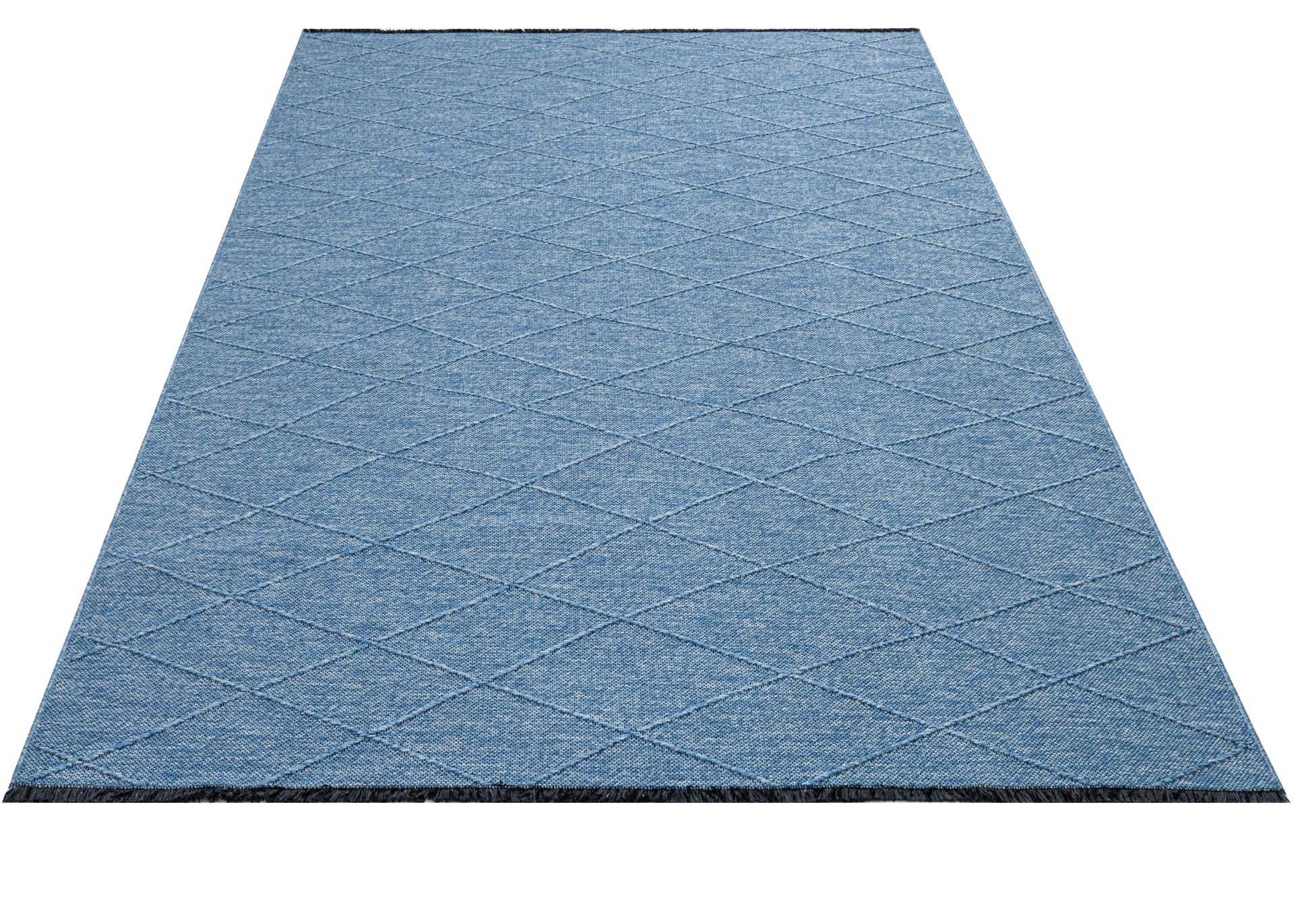 Blue Geometric Kilim - Durable Cotton Rug With 5 mm Pile Height & Fringed Edge
