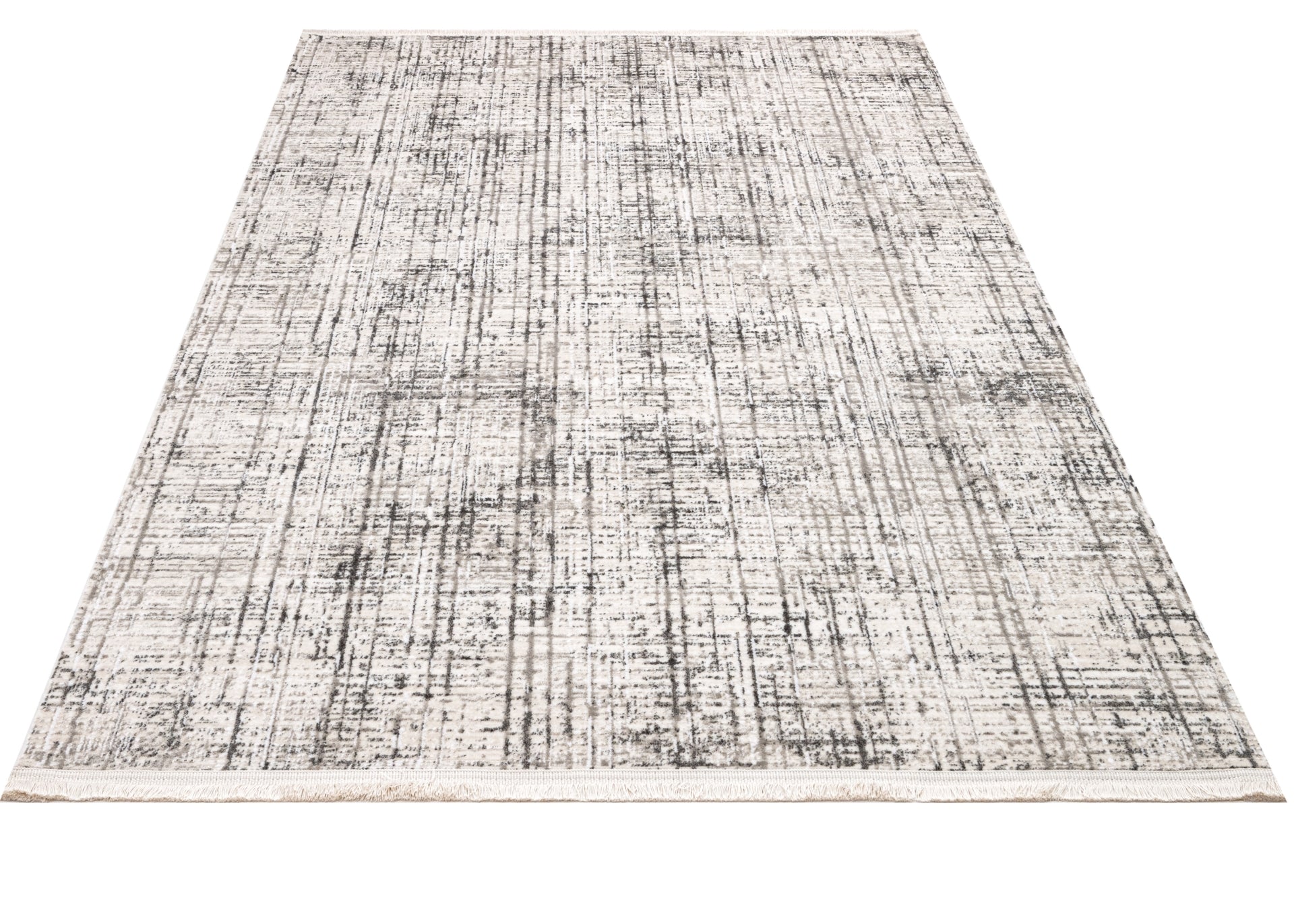 Grey Striped Area Rug - Machine Made Rug With 11 mm Pile Height & Laser Cut Fringe