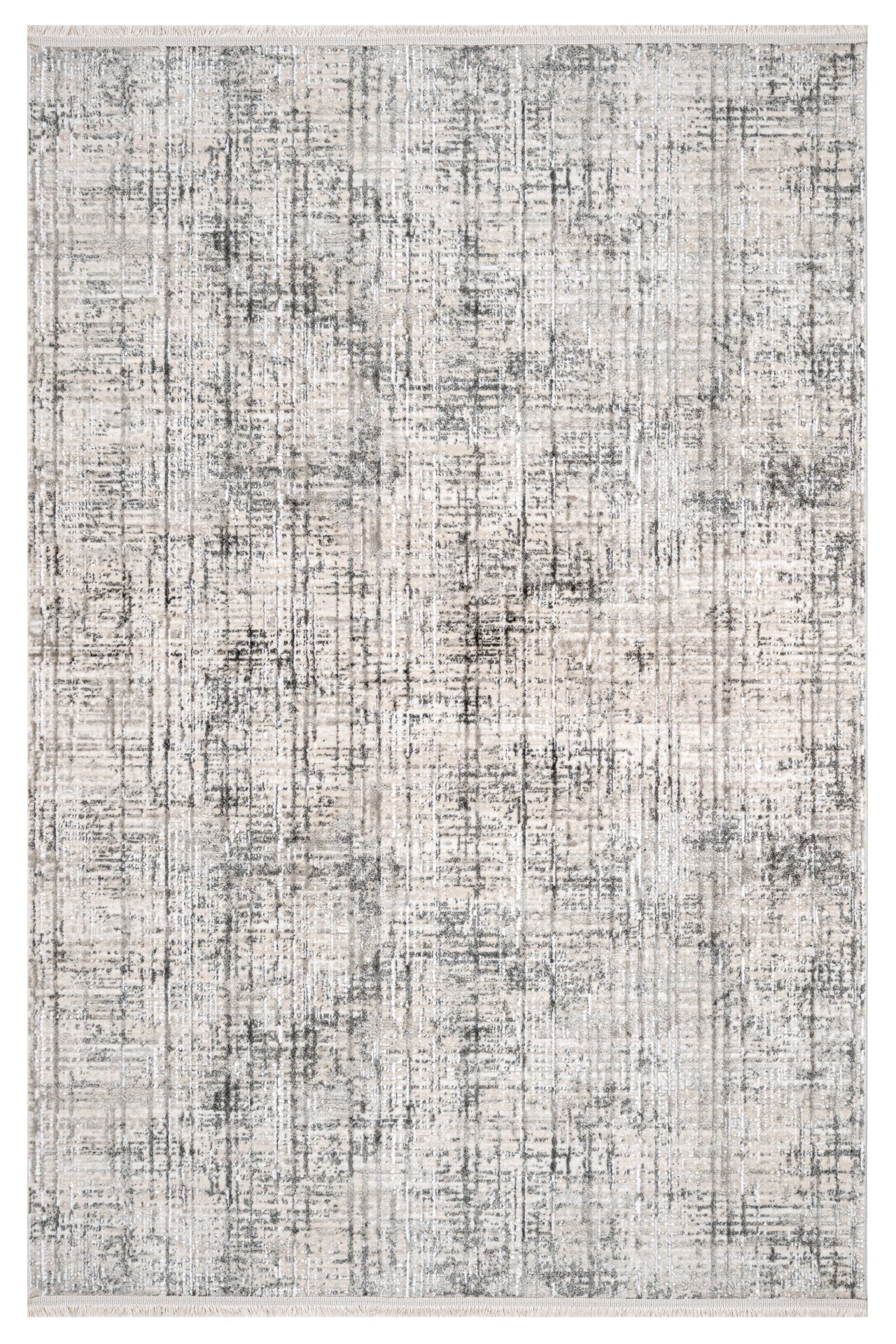 Grey Striped Area Rug - Machine Made Rug With 11 mm Pile Height & Laser Cut Fringe