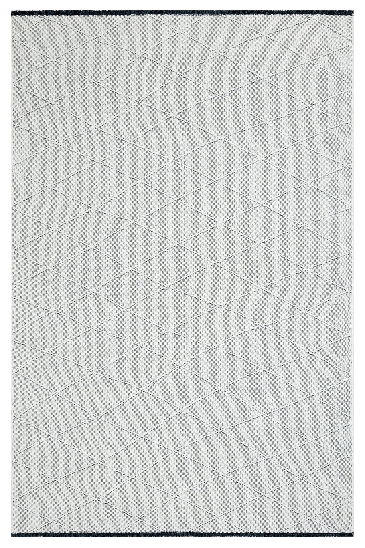 Cotton Kilim Rug - Geometric Cream Carpet With Woven Sole & Fringed Edge