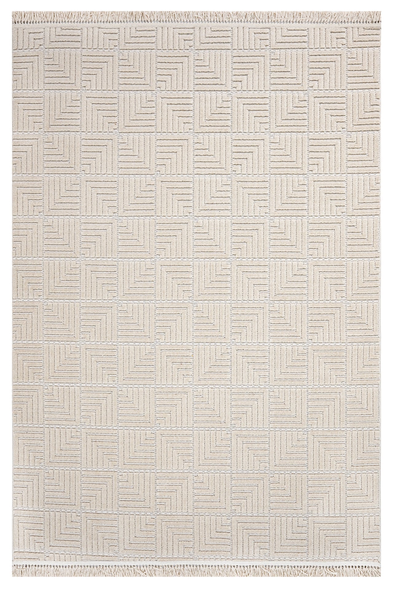 Beige Geometric Area Rug – Machine Made Polyester Carpet With 7mm Pile Height