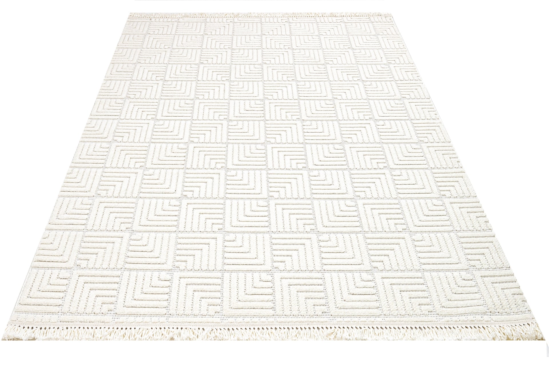 Geometric Area Rug - Machine Made Cream Rug With 7 Mm Pile Height & Overlock Edge