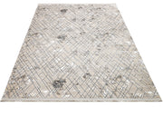 Grey Geometric Area Rug - Machine Made Microfiber Carpet With Cotton Base