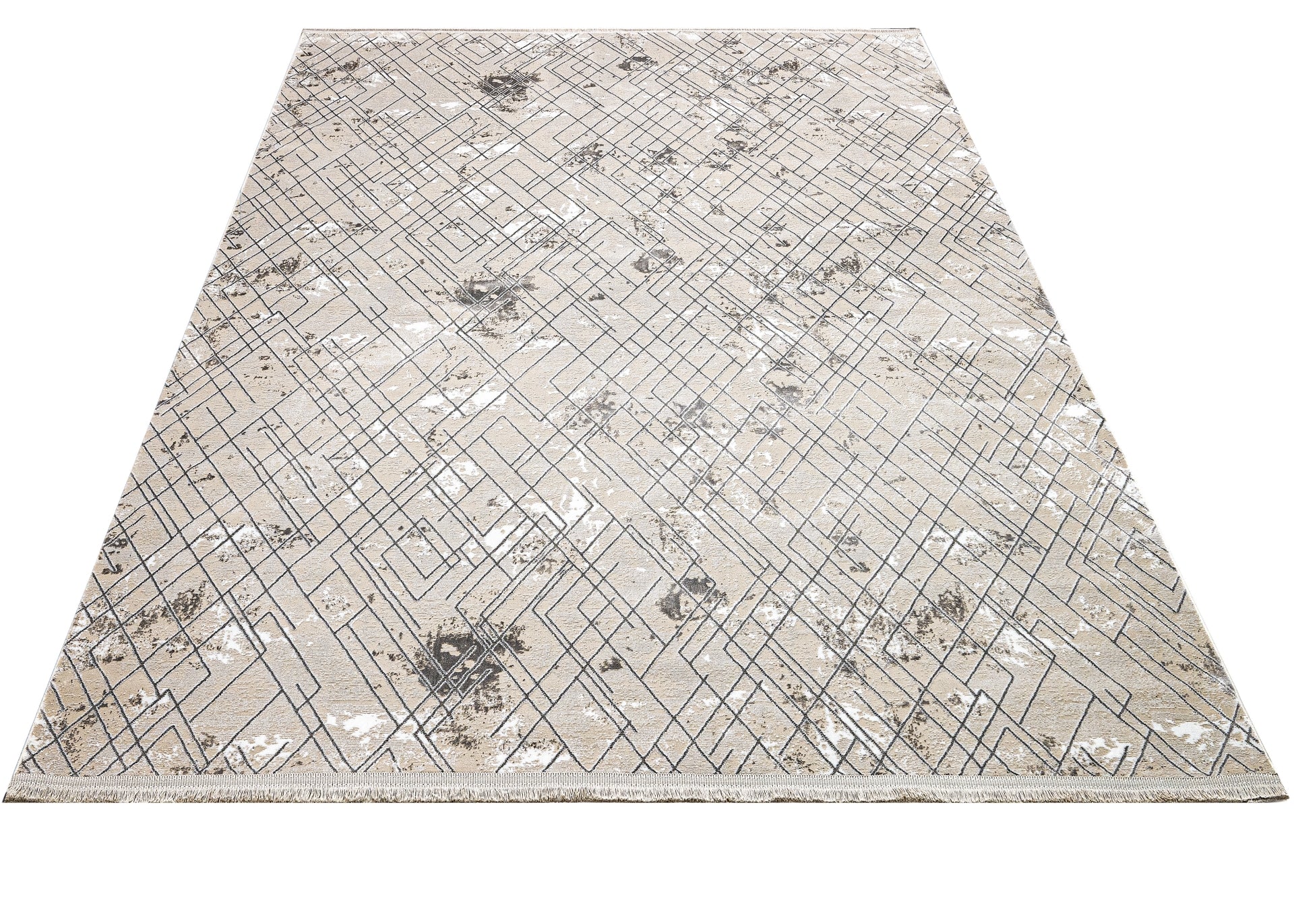 Grey Geometric Area Rug - Machine Made Microfiber Carpet With Cotton Base