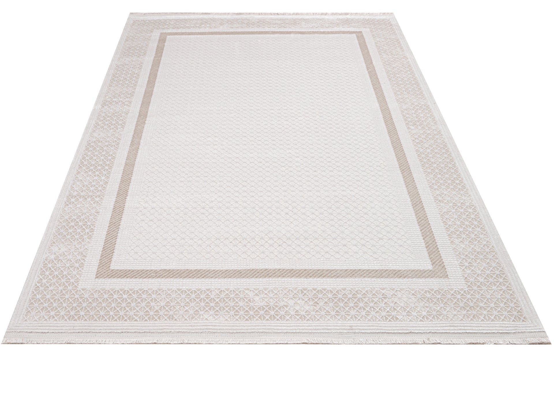 Machine Made Area Rug - Beige Frame Style Carpet | Pile Height 11mm, Washable